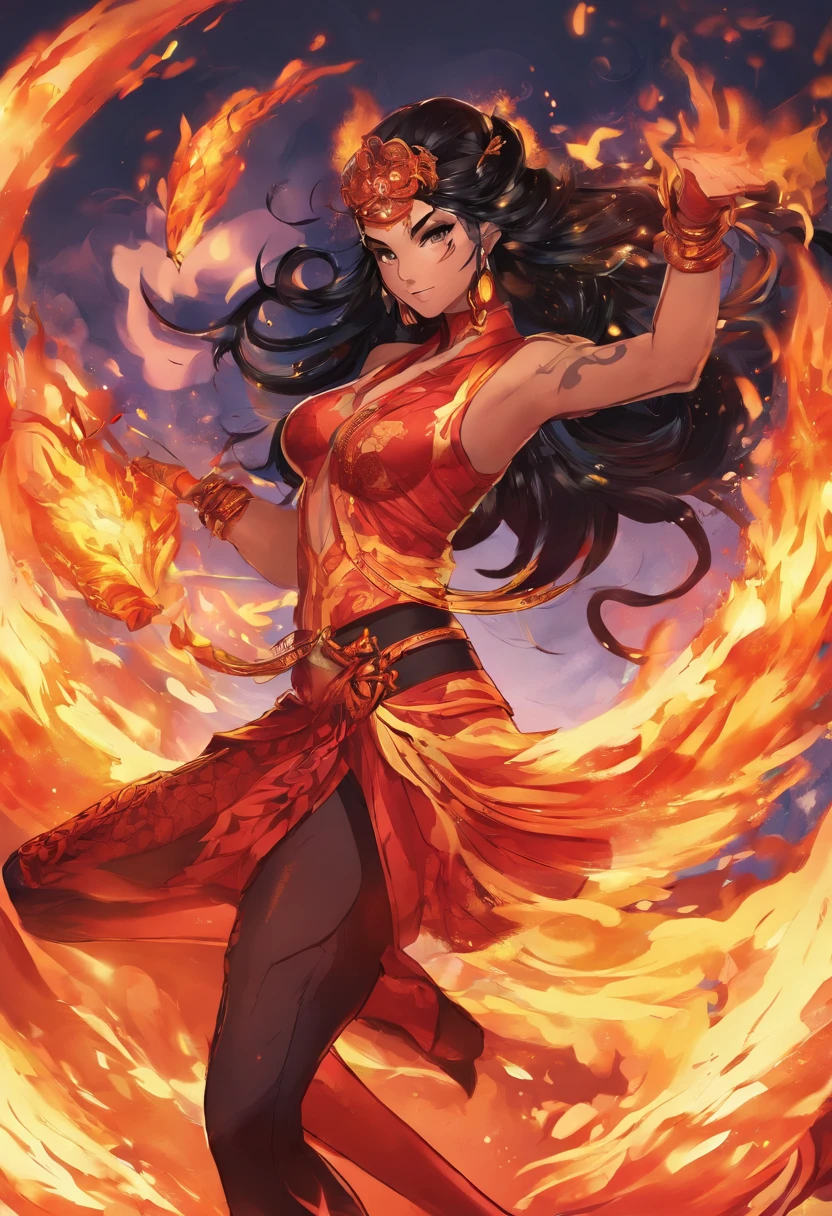 Nawra, tall anime Arab girl with black hair ponytail, yellow eyes, and a red crop top and black trousers, tall, athletic, strong, fit, muscular, fire!! full body, appears as the fire goddess, fire goddess, nico robin, hot fire goddess, she has fire powers, black - haired mage, ahri, her hair is on fire, style artgerm, full body portrait of a short!, the butterfly goddess of fire, genie girl, djinni girl, superpowered girl, fire elemental, martial artist,