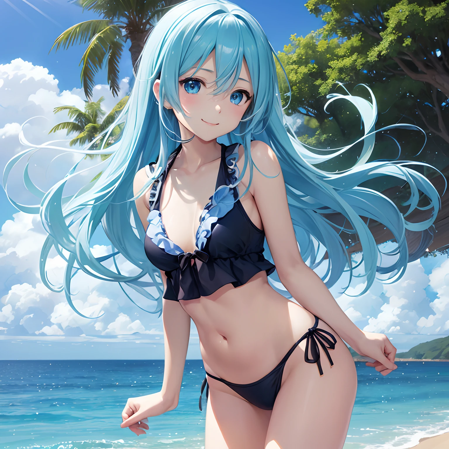 1 rapariga、(Solo), anime style, super fine illustrations、beautiful seductive anime girl、Super detailed、Smile、beautiful blueish eyes、Beautiful proportions、HATSUNEMIKU、Slender、gentle expressions、seductive anime girls、Lackluster skin、Transparent sexy bikini swimsuit、Strong sunlight、Seaside,Vest line, , , , sex