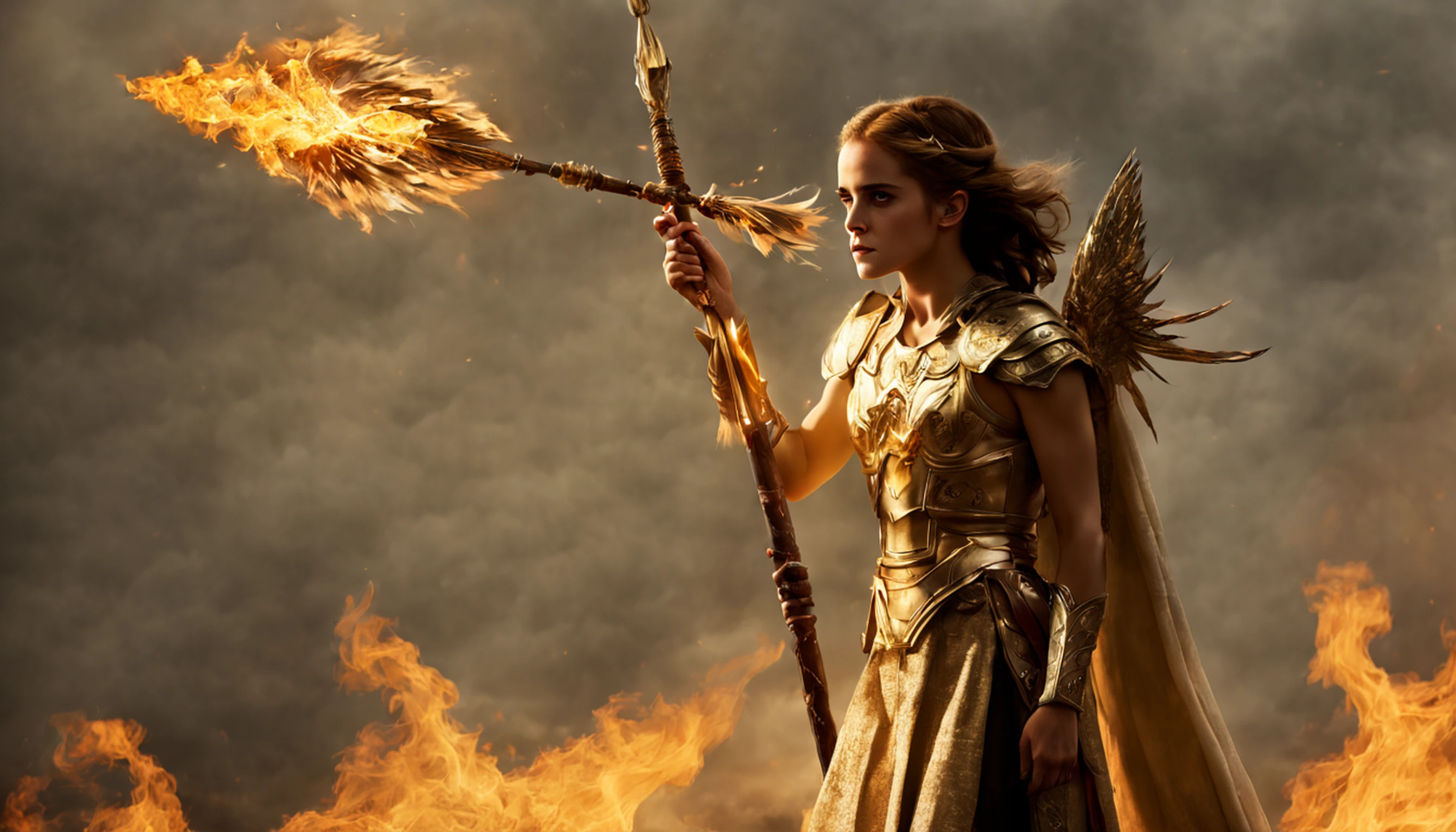 O anjo dourado em chamas de Emma Watson emite um fogo ruidoso, pairando entre nuvens espessas, vestindo armadura vermelha ardente, Holding a Flame Spear, wearing a halo on his head, And your eyes are steady, exalando uma forte aura de luta, fazendo com que as pessoas se sintam ardentes e poderosas.