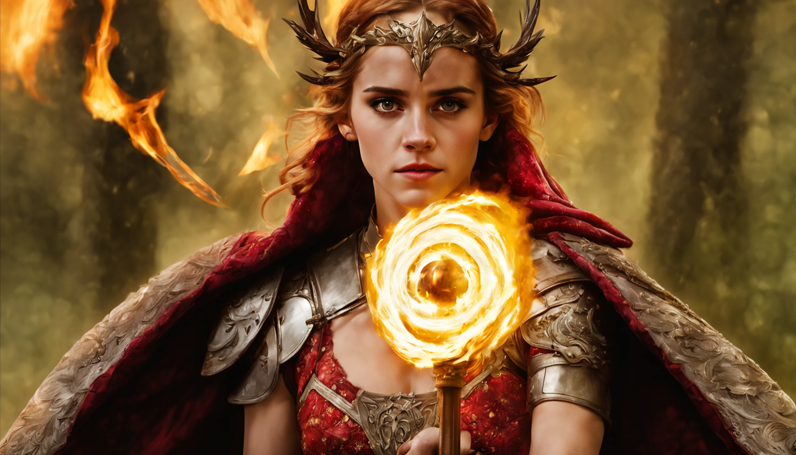 O anjo dourado em chamas de Emma Watson emite um fogo ruidoso, pairando entre nuvens espessas, vestindo armadura vermelha ardente, Holding a Flame Spear, wearing a halo on his head, And your eyes are steady, exalando uma forte aura de luta, fazendo com que as pessoas se sintam ardentes e poderosas.