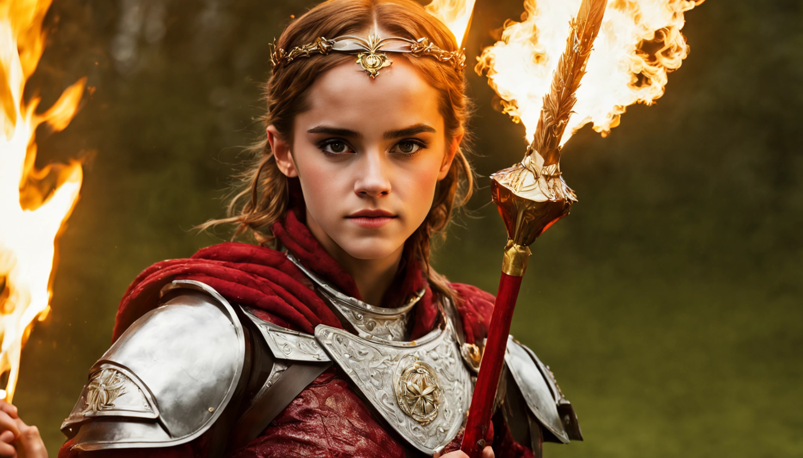 O anjo dourado em chamas de Emma Watson emite um fogo ruidoso, pairando entre nuvens espessas, vestindo armadura vermelha ardente, Holding a Flame Spear, wearing a halo on his head, And your eyes are steady, exalando uma forte aura de luta, fazendo com que as pessoas se sintam ardentes e poderosas.
