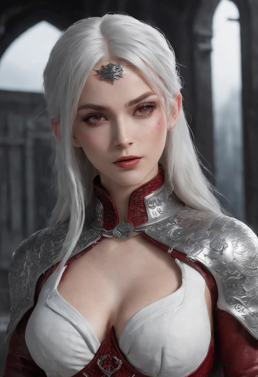 Cirilla Fiona Elen Riannon，Highest image quality，Outstanding details，超高分辨率，（Fidelity：1.4）, Favor the details，closeup cleavage，dawn，Snow，winter，Wizard Sword，He has a delicate and beautiful face，Red Japanese oni armor，Raised sexy，frontage，cyber punk perssonage，Futuristic，mechanically aesthetic，Virtual Engine 5，Perfect detail rendering，rendering by octane，hyper HD