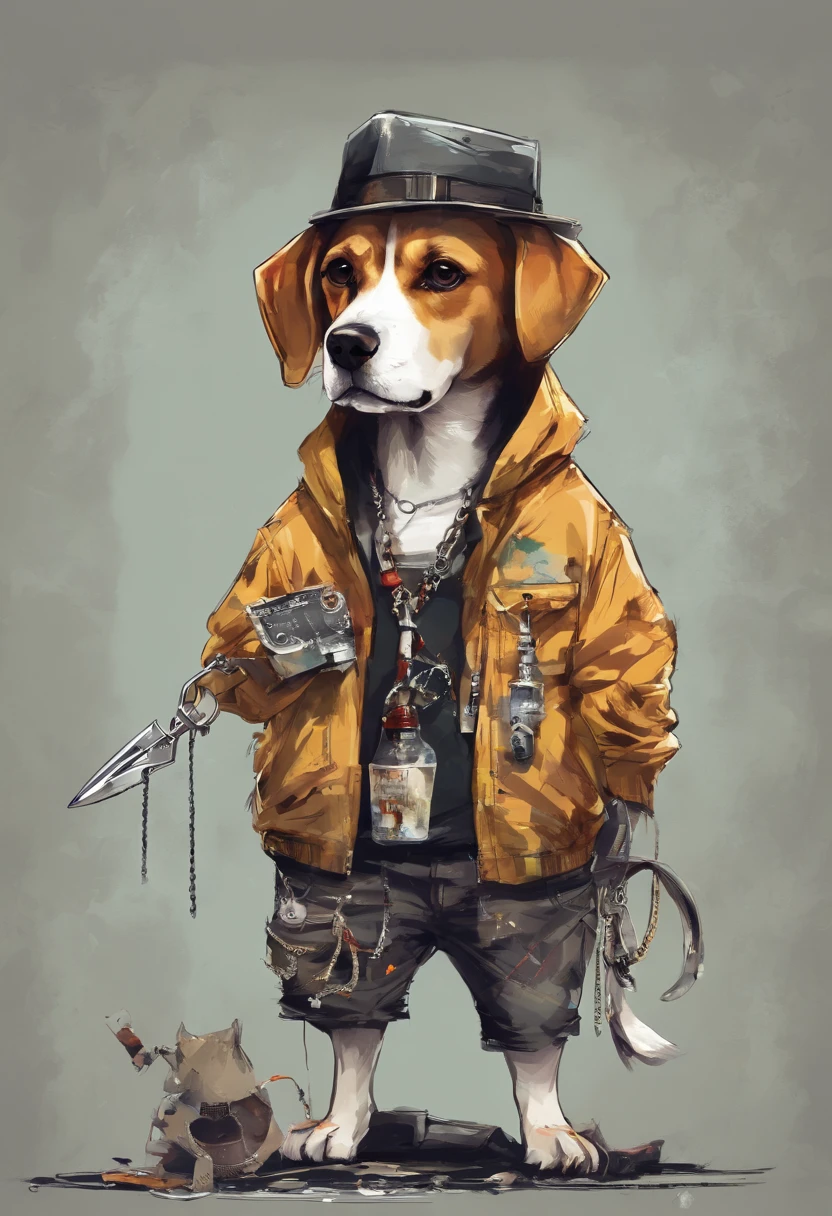 Dogo beagle dressed in tattered shorts and jacket and street-style chain necklace with scissors and barber's razor in his hands