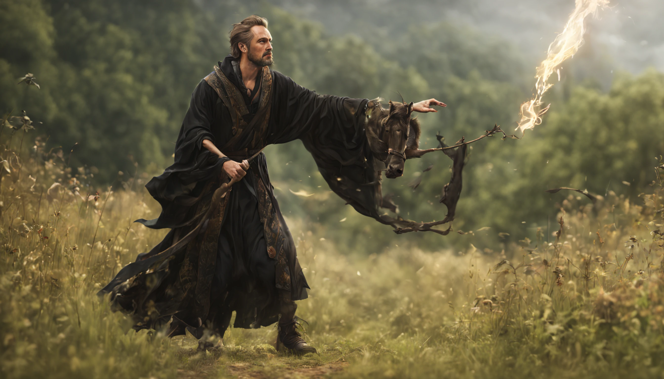 animal,modelshoot style, (extremely detailed CG unity 8k wallpaper), Middle ages, druid,human,male,middle-aged,Tattered clothes,black silk robe, nature magic, medieval era, , countryside, action pose, casting a spell,