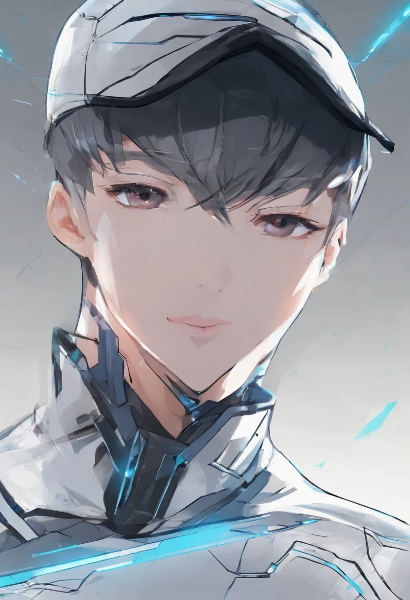 Upper body only shots, Black short hair,Focus on his upper body. He wears a white sweatshirt with blue stripes, White cap, Black shorts, He closes his eyes and smiles gently
