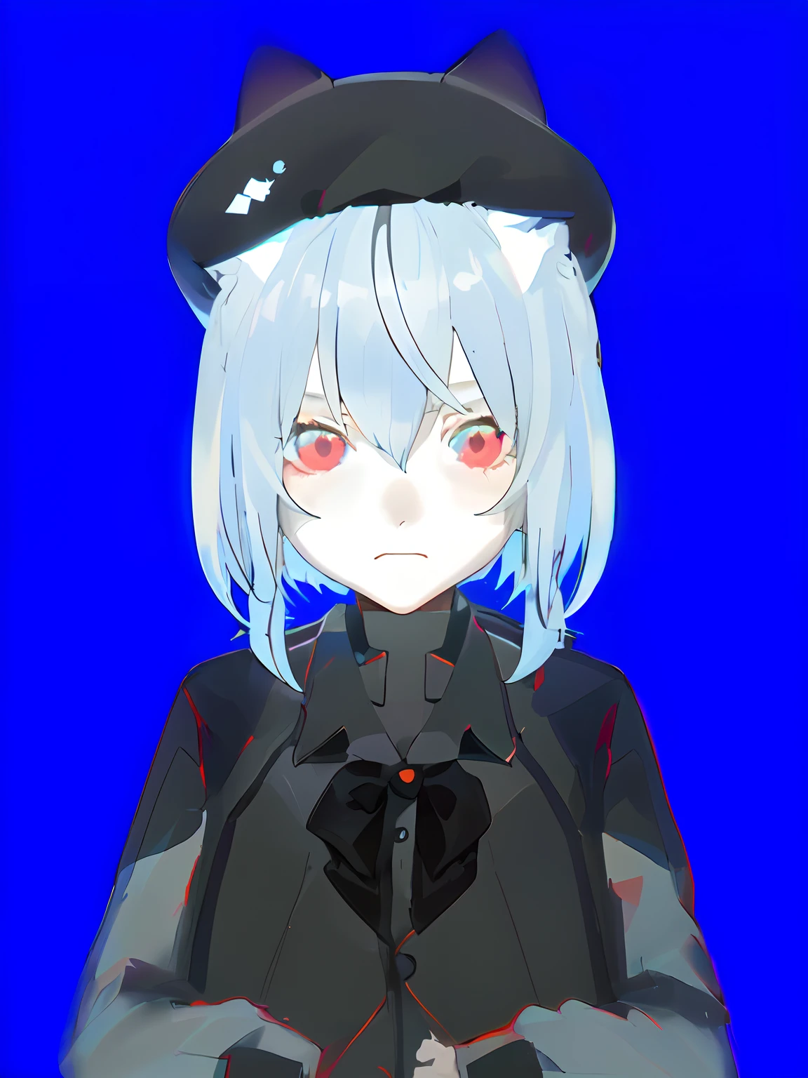 blue backdrop,ID photo,White-haired girl,Cat's ear berets,Light red eyes,Melancholy eyes,grey school jacket
