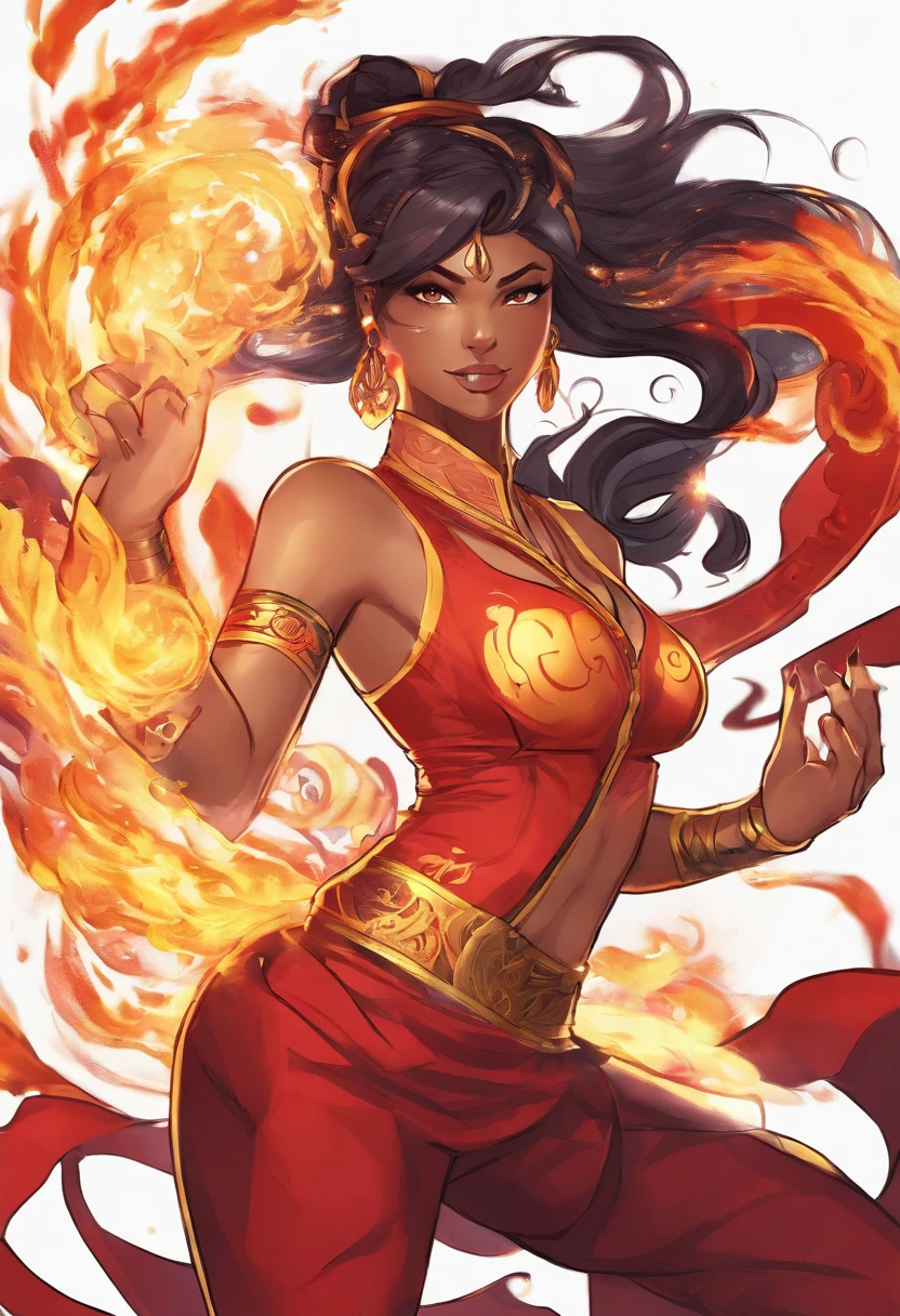 Nawra, tall anime dark-skinned Arab girl with black hair ponytail, yellow eyes, and a red crop top and black trousers, tall, athletic, strong, fit, muscular, fire!! full body, appears as the fire goddess, fire goddess, nico robin, hot fire goddess, she has fire powers, black - haired mage, ahri, her hair is on fire, style artgerm, full body portrait of a short!, the butterfly goddess of fire, genie girl, djinni girl, superpowered girl, fire elemental, martial artist, Chicago street