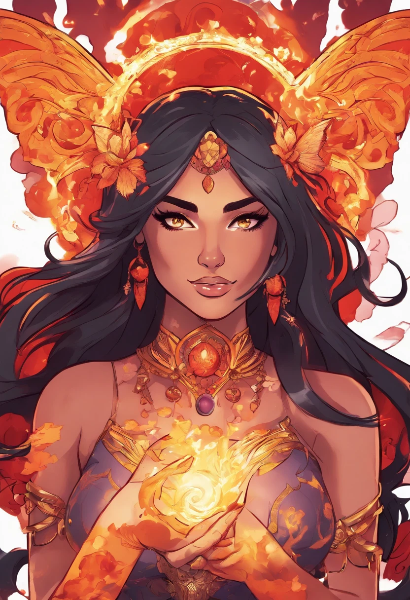 Nawra, tall anime dark-skinned Arab girl with black hair ponytail, yellow eyes, and a red crop top and black trousers, tall, athletic, strong, fit, muscular, fire!! full body, appears as the fire goddess, fire goddess, nico robin, hot fire goddess, she has fire powers, black - haired mage, ahri, her hair is on fire, style artgerm, full body portrait of a short!, the butterfly goddess of fire, genie girl, djinni girl, superpowered girl, fire elemental, martial artist, Chicago street