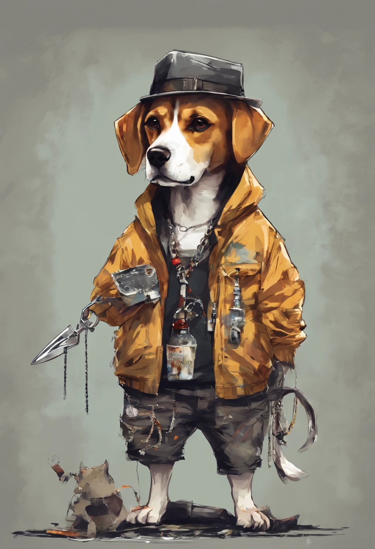 Dogo beagle dressed in tattered shorts and jacket and street-style chain necklace with scissors and barber's razor in his hands