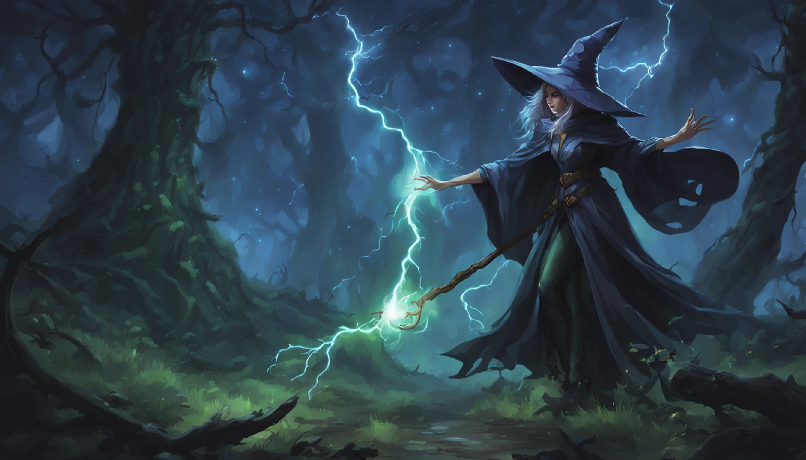 soul card, Linha, tiro completo (Front view), Classic Elder Witch Walking Through the Deep Forest, (night lightning)