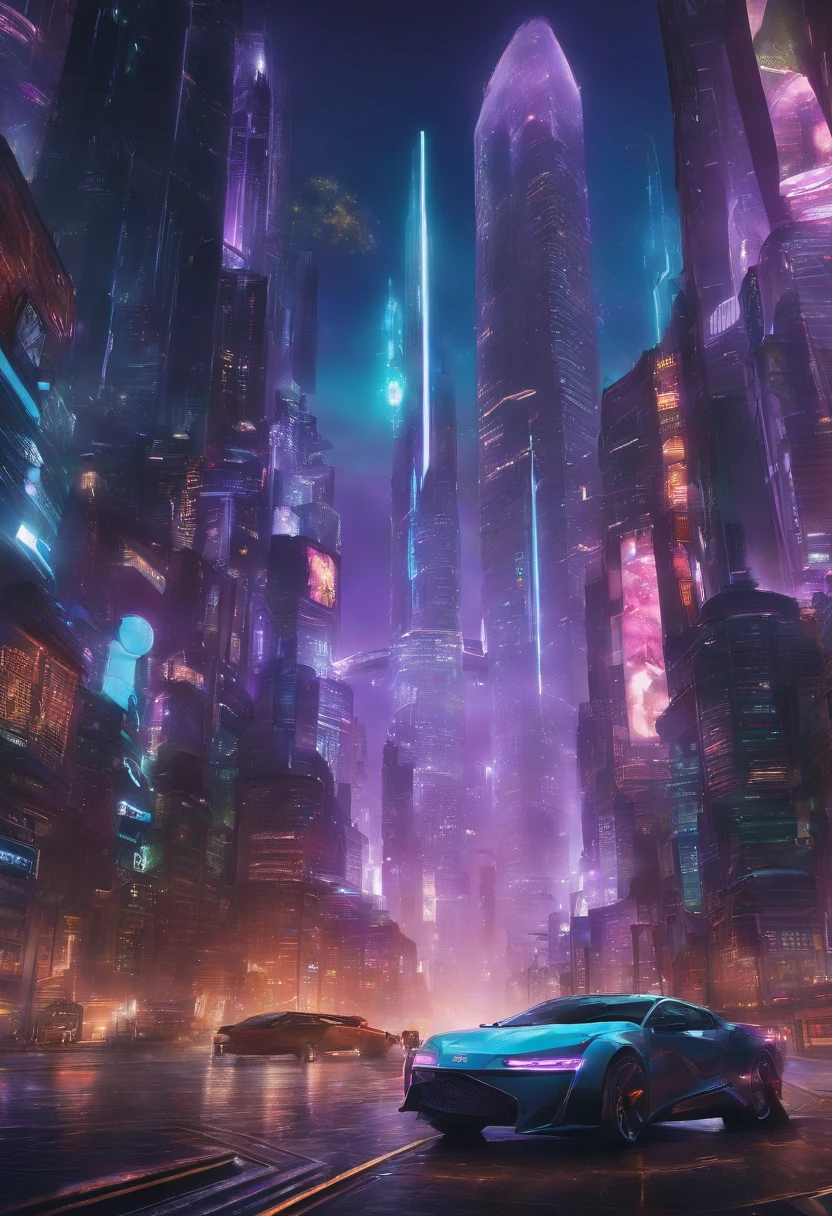 A determined anime protagonist with silver hair and piercing purple eyes, navigating the labyrinthine streets of a cyberpunk city. The towering skyscrapers are adorned with holographic projections, showcasing a mesmerizing display of vibrant colors and advertisements. The character walks with purpose, surrounded by a mix of high - tech gadgets and augmented reality interfaces. The city is alive with a constant hum of activity, with futuristic vehicles zipping past and drones buzzing overhead. Illustration, using a blend of traditional ink and digital coloring,