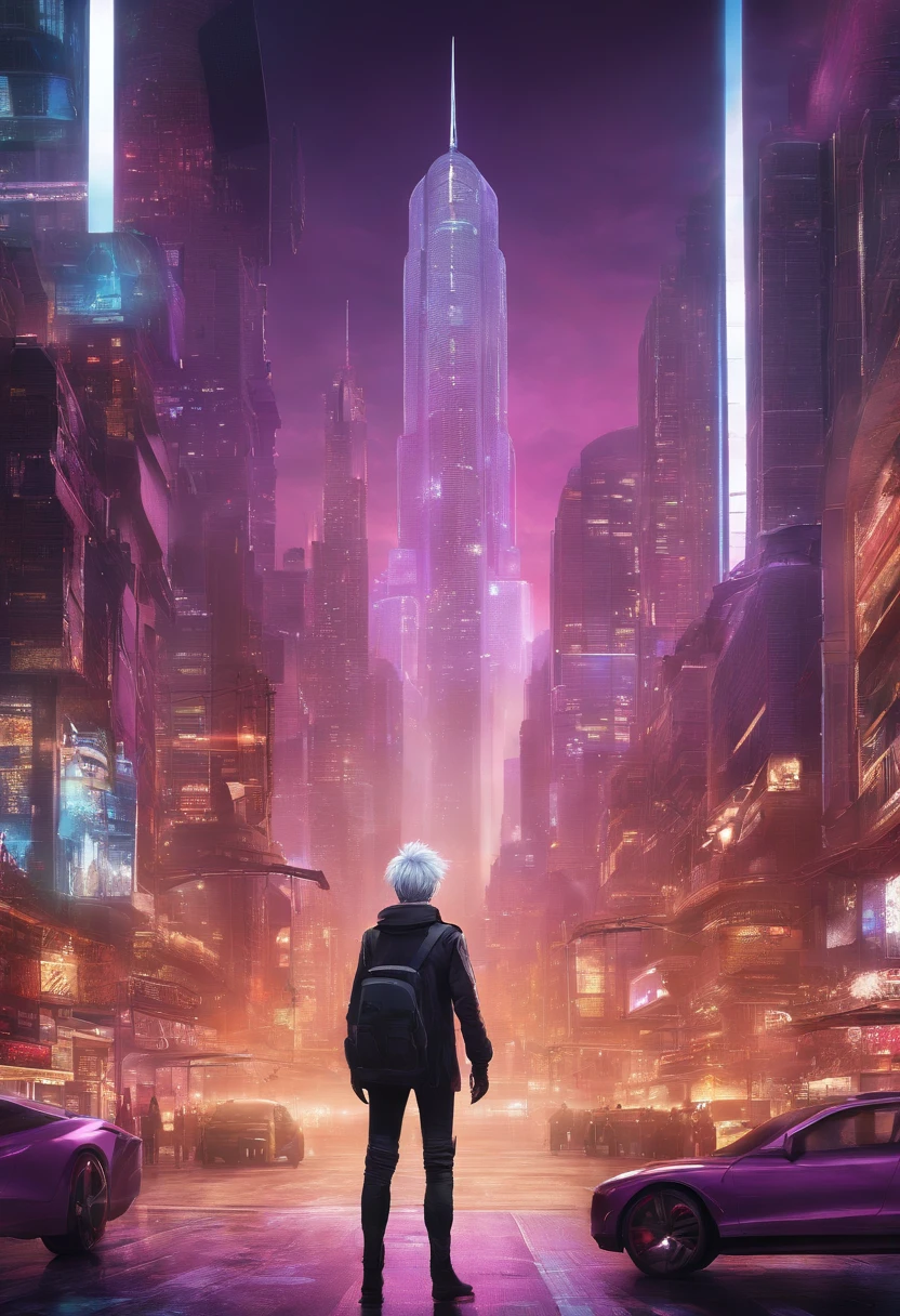 A determined anime protagonist with silver hair and piercing purple eyes, navigating the labyrinthine streets of a cyberpunk city. The towering skyscrapers are adorned with holographic projections, showcasing a mesmerizing display of vibrant colors and advertisements. The character walks with purpose, surrounded by a mix of high - tech gadgets and augmented reality interfaces. The city is alive with a constant hum of activity, with futuristic vehicles zipping past and drones buzzing overhead. Illustration, using a blend of traditional ink and digital coloring,