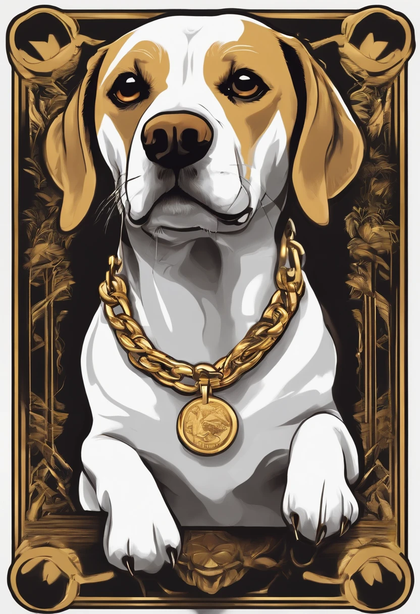 /imagine prompt: hiphop dogo beagle illustration for a sticker with a black background, gold chain, in bold outline style, jagged edges,