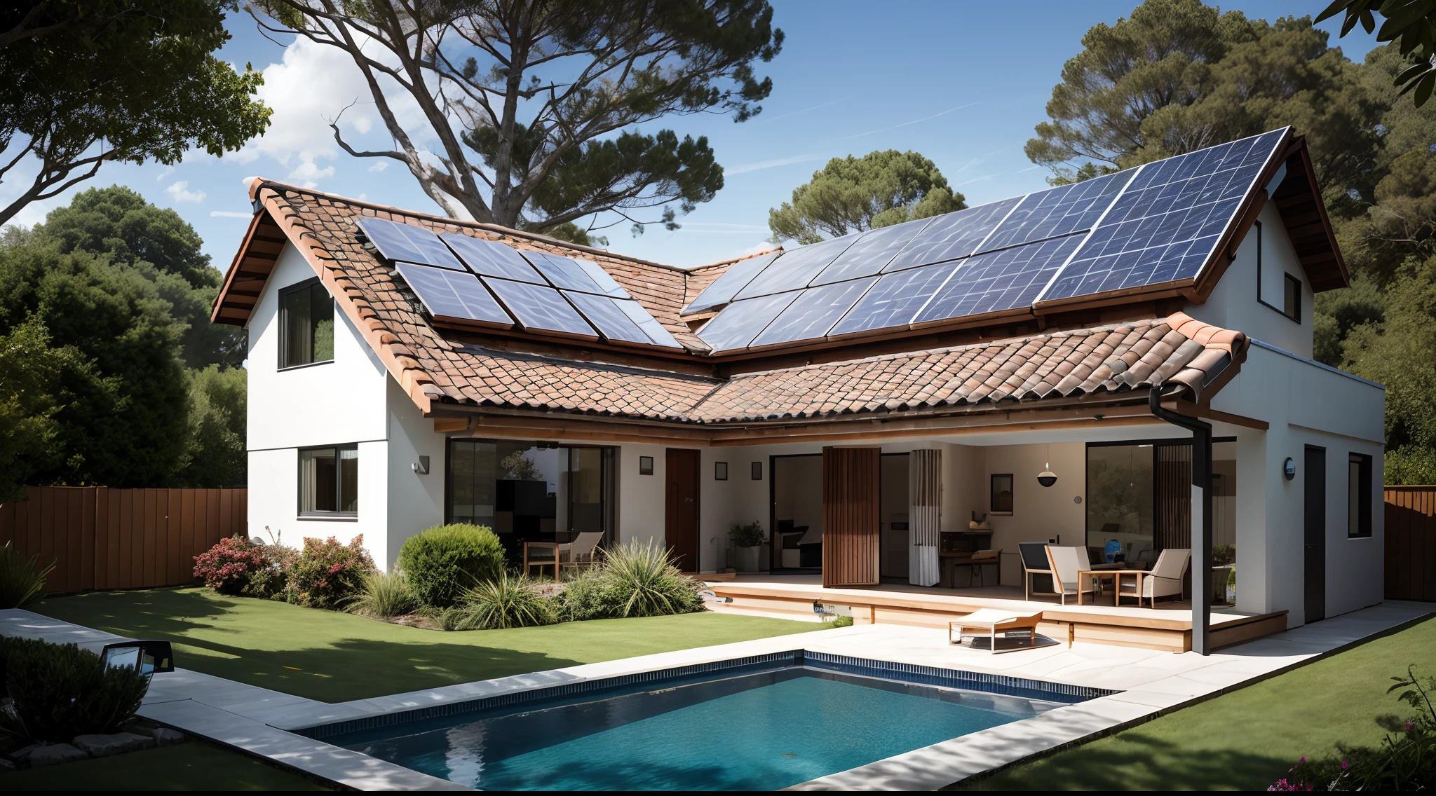 An illustration of photovoltaic solar panels installed on the roof of a modern suburban house, estilo foto-realista realista, Showing a bright sunny day with clear blue sky, The roof clad with dark monocrystalline silicon solar panels in an organized array, with power lines connecting the panels to the house, some panels showing reflection of the trees and the neighborhood, and beams of energy coming out of the panels to signify power generation, and a smiling family of four looking at the roof of the backyard, retratando a energia solar alimentando sua casa