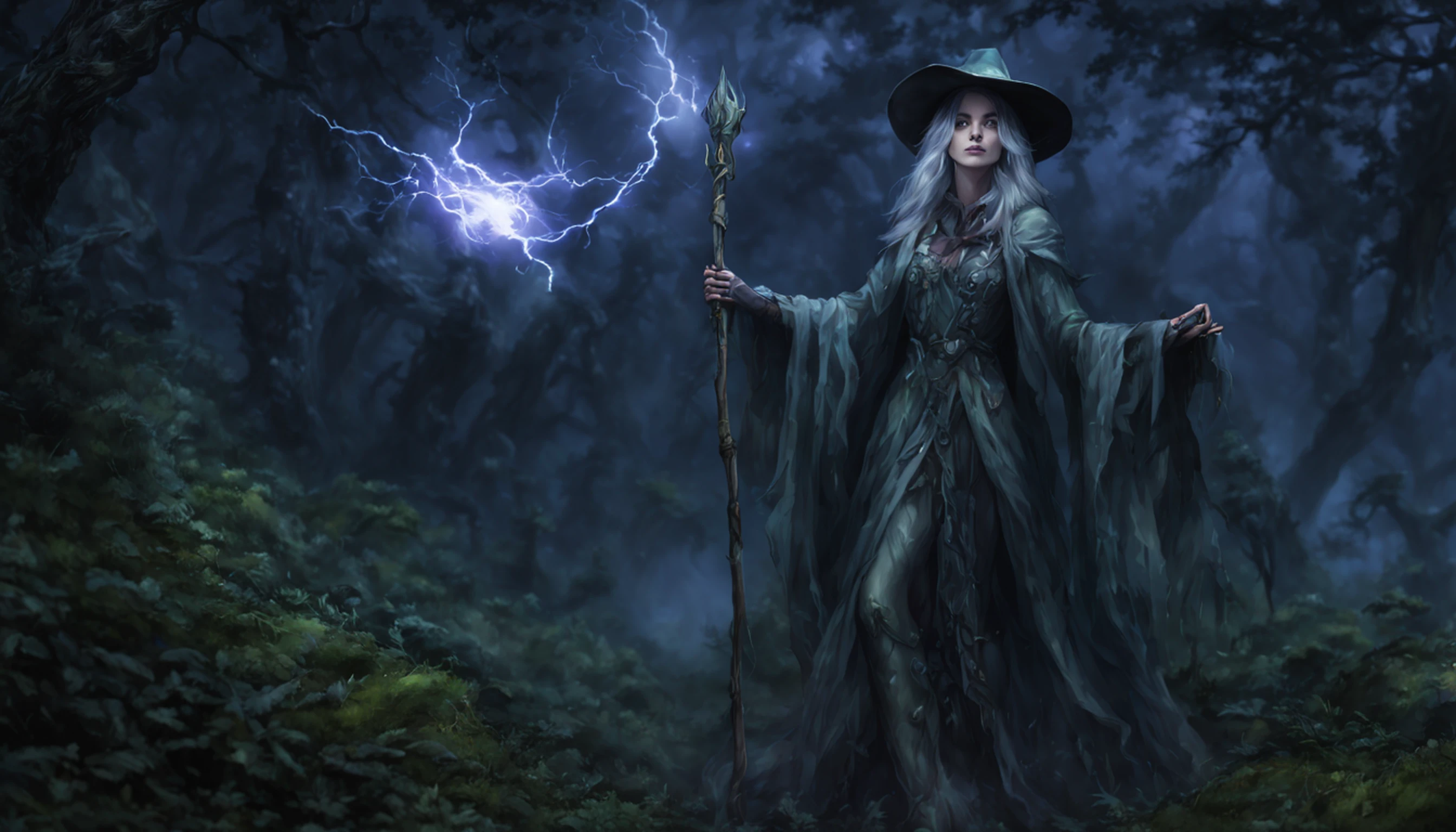 soul card, Linha, tiro completo (Front view), Classic Elder Witch Walking Through the Deep Forest, (night lightning)