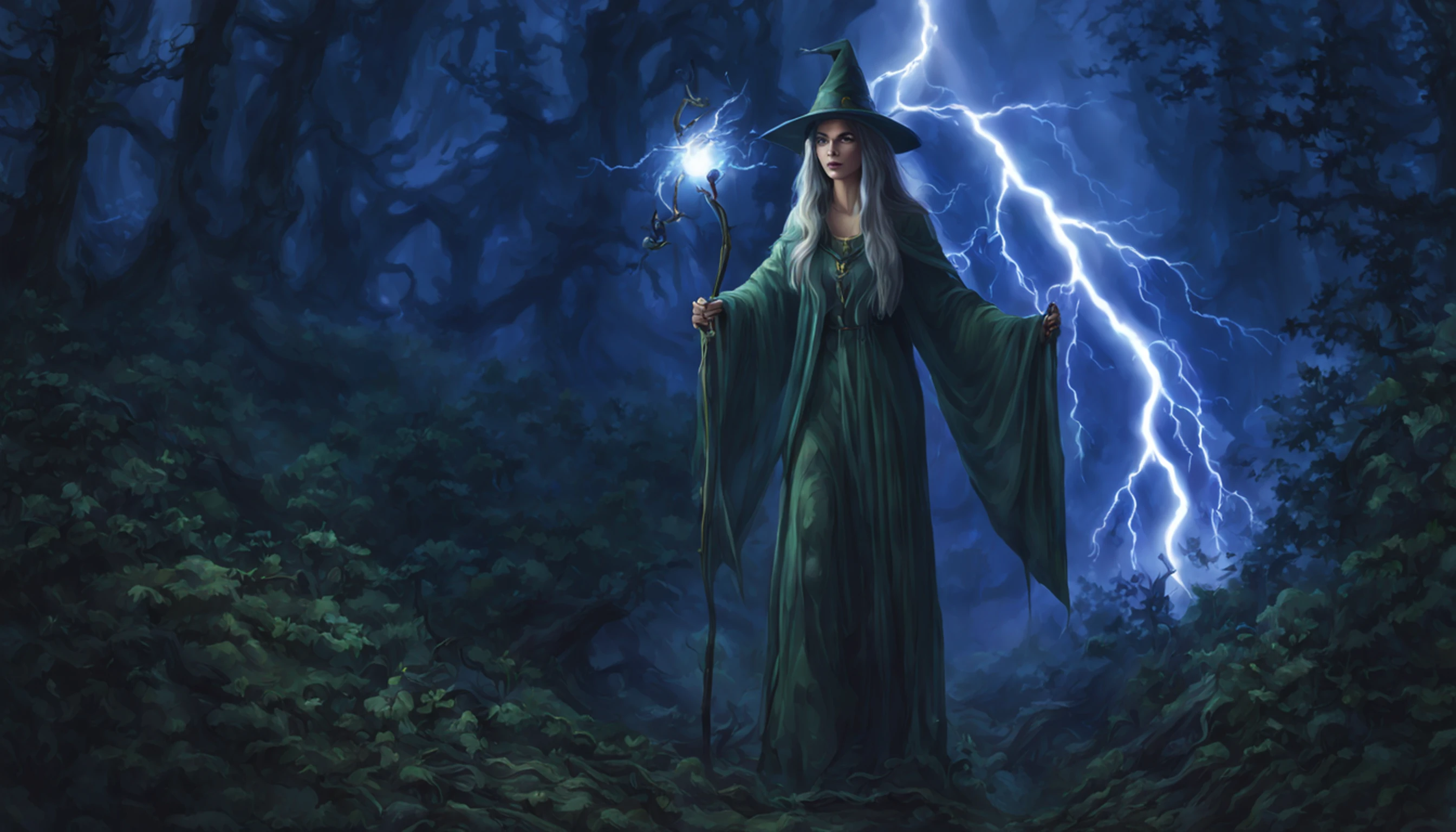 soul card, Linha, tiro completo (Front view), Classic Elder Witch Walking Through the Deep Forest, (night lightning)