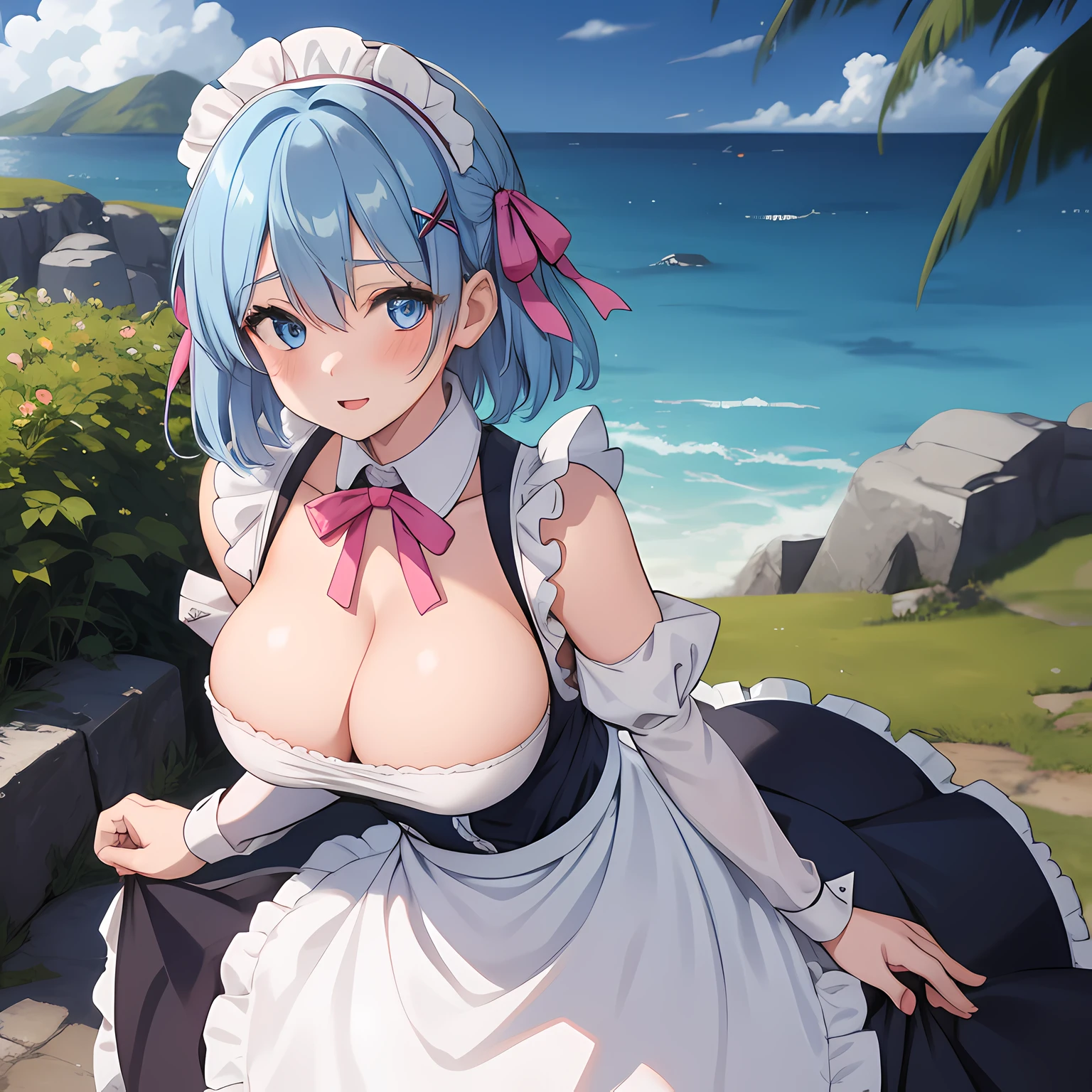 1girl, solo, breasts, looking at viewer, blush, short hair, blue eyes, hair ornament, dress, ribbon, medium breasts, blue hair, hair ribbon, outdoors, detached sleeves, sky, day, hair over one eye, apron, blue sky, maid, maid headdress, x hair ornament, pink ribbon, roswaal mansion maid uniform big boobs