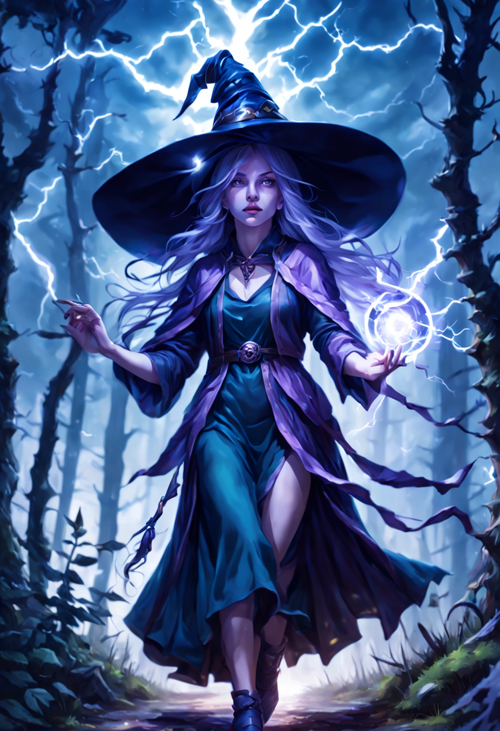 soul card, Linha, tiro completo (Front view), Classic Elder Witch Walking Through the Deep Forest, (night lightning)