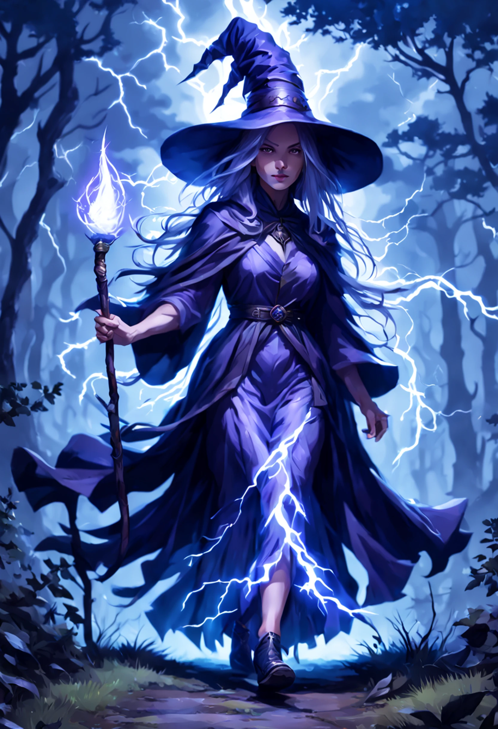 soul card, Linha, tiro completo (Front view), Classic Elder Witch Walking Through the Deep Forest, (night lightning)