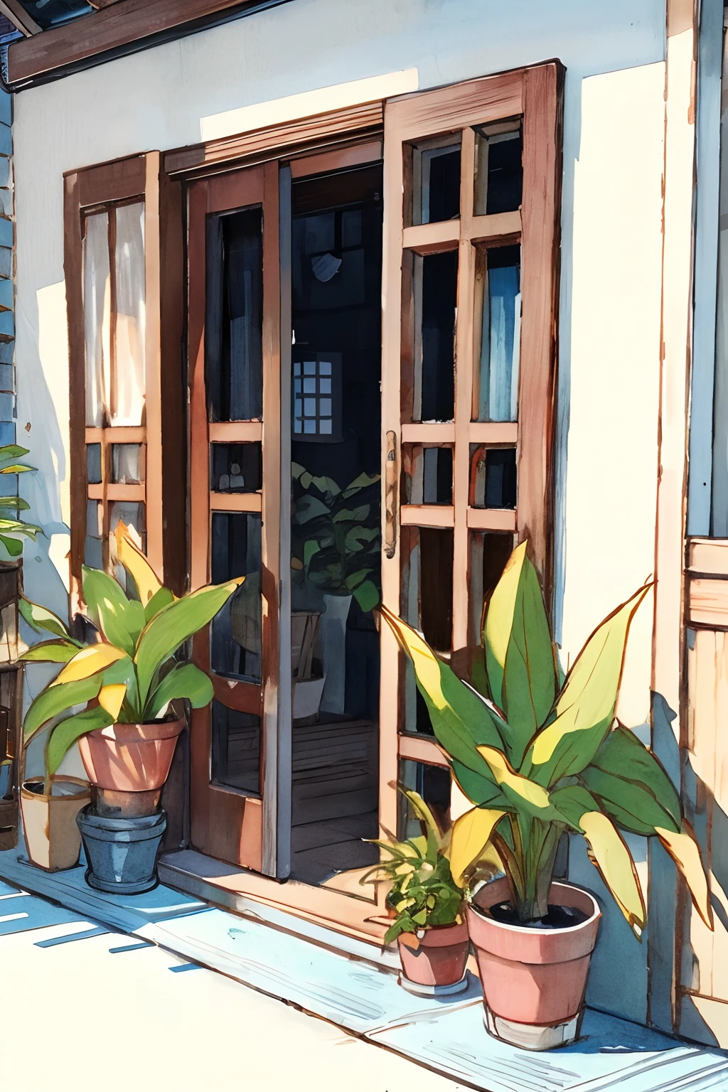 No humans, plant, window, potted plant, Duan, door, Scenery, Outdoors, Traditional Media, flower pots, building, PILLOWS, (Illustration:1.0), masutepiece, Best Quality,