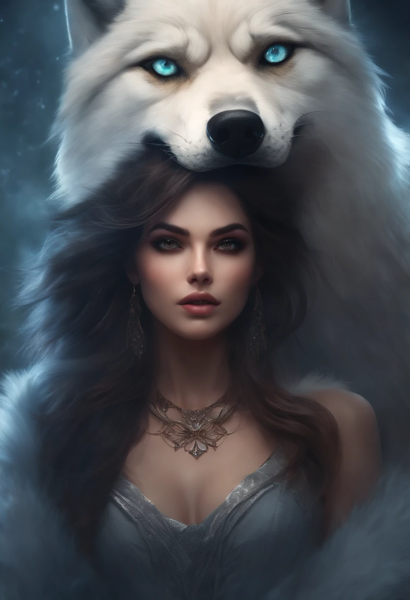 Depict an anime - style girl with wolf eyes, wolf mouth with huge fangs, body covered in fur, transforming into a werewolf, amid a mist and volumetric light