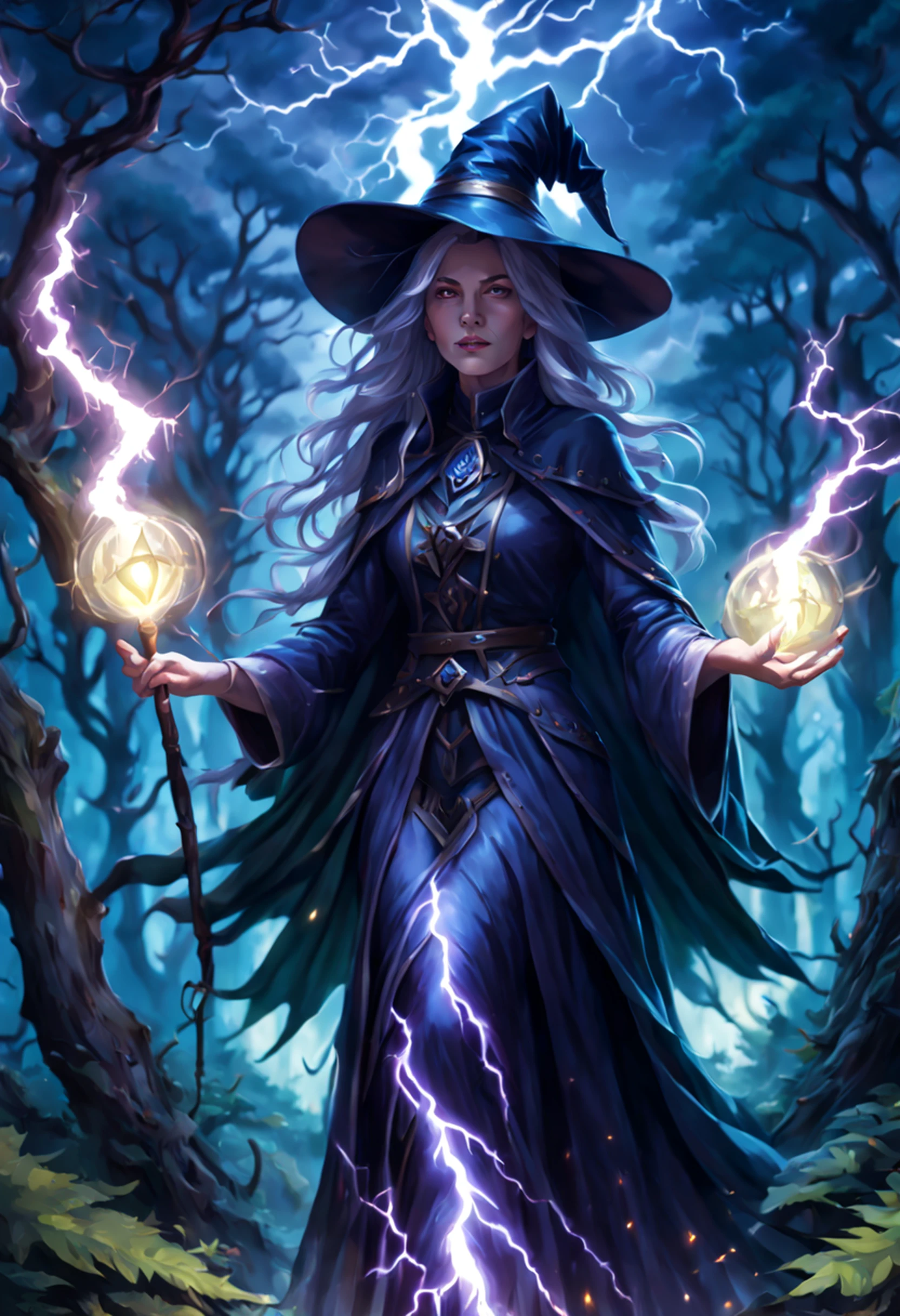 soul card, Linha, tiro completo (Front view), Classic Elder Witch Walking Through the Deep Forest, (night lightning)