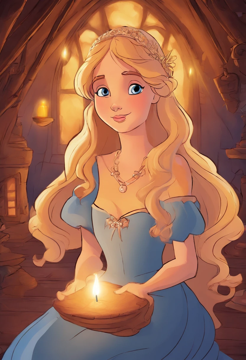 Don Bluth, cartoon, movie screenshot, , long hair, sitting, holding candle, dark, attic, night