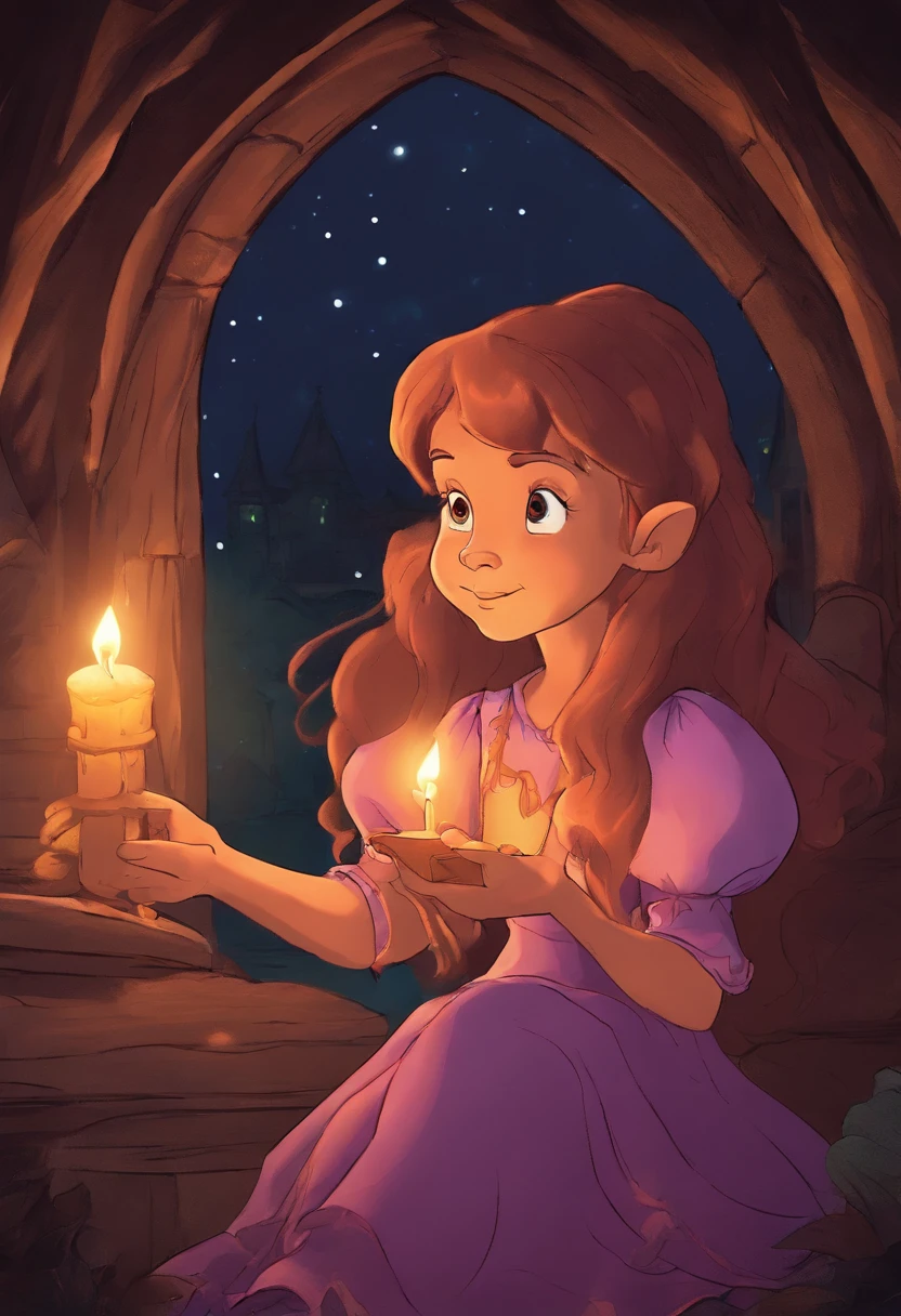 Don Bluth, cartoon, movie screenshot, little girl, long hair, sitting, holding candle, dark, attic, night