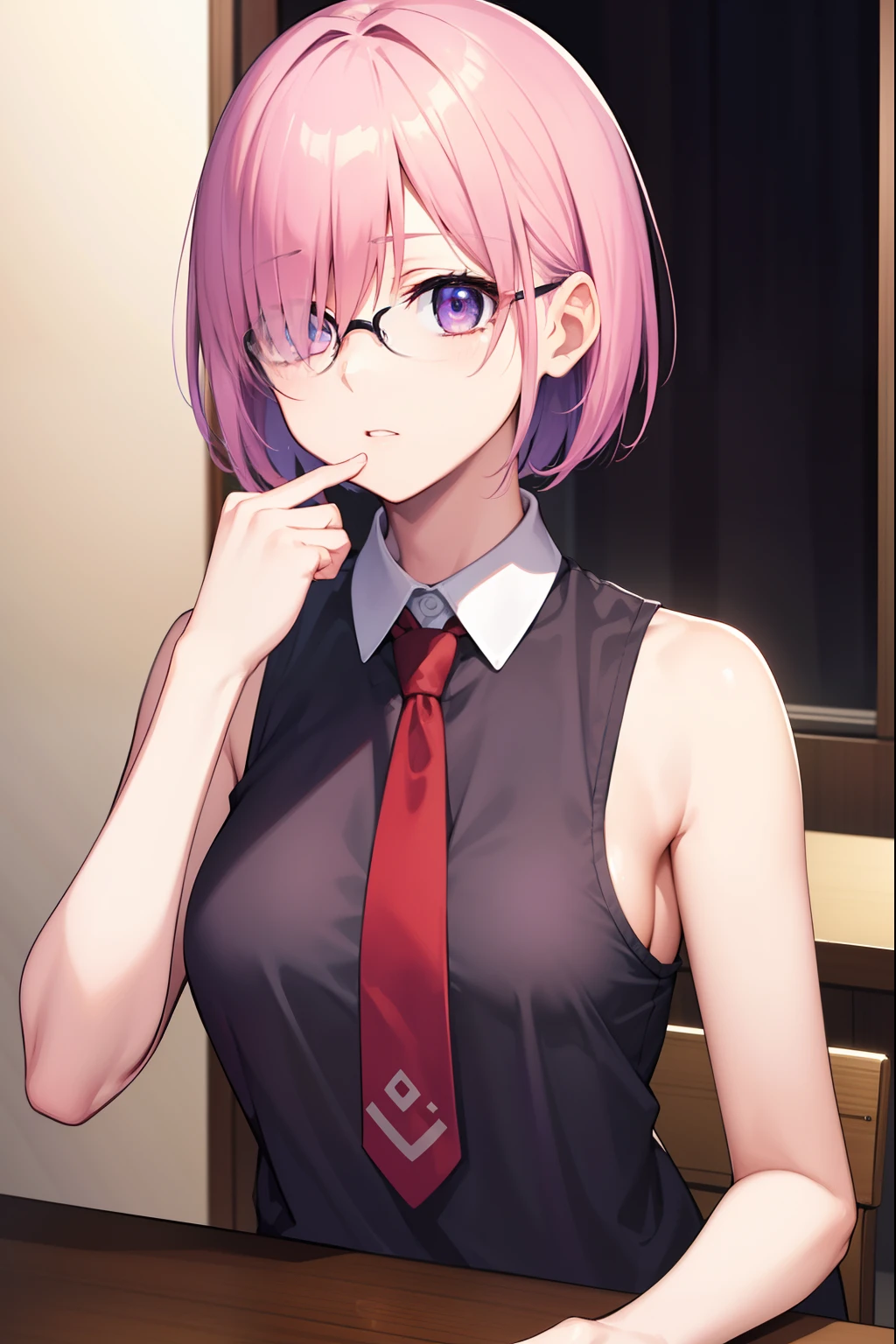 Mashkirie Light, Mash Kyrielight, Glasses, hair between eye, Hair over one eye, (Purple eyes:1.1), Pink hair, Short hair,
Break Food, Shirt, Collared shirt, White collar, Black shirt, neck tie, red necktie, Sleeveless, off shoulders,
BREAK looking at viewer,
Break indoors, crass room,
BREAK (masutepiece:1.2), Best Quality, High resolution, Unity 8k壁纸, (Illustration:0.8), (Beautiful detailed eyes:1.6), extra detailed face, Perfect Lighting, extremely details CG, (Perfect hands, Perfect Anatomy),