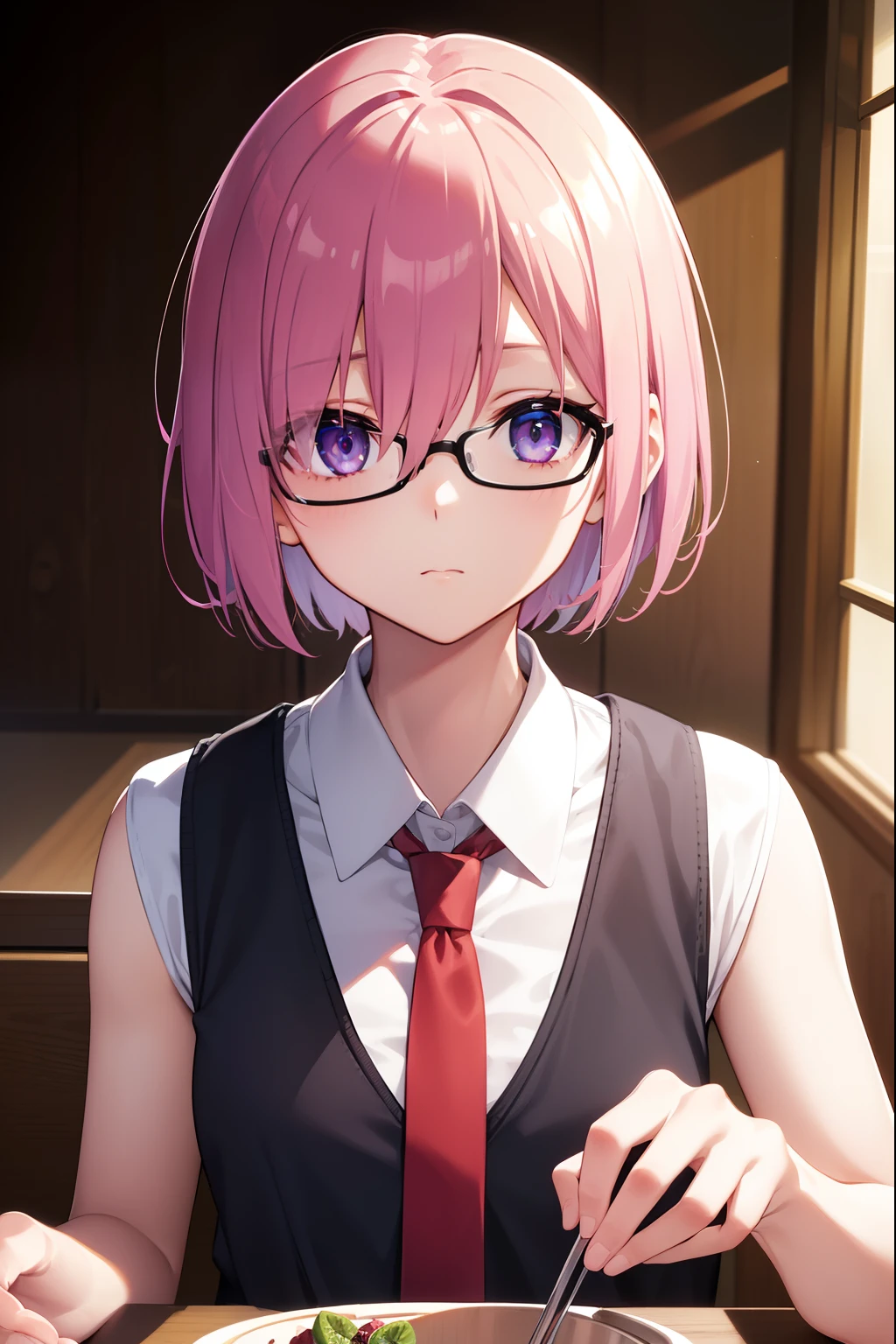 Mashkirie Light, Mash Kyrielight, Glasses, hair between eye, Hair over one eye, (Purple eyes:1.1), Pink hair, Short hair,
Break Food, Shirt, Collared shirt, White collar, Black shirt, neck tie, red necktie, Sleeveless, off shoulders,
BREAK looking at viewer,
Break indoors, crass room,
BREAK (masutepiece:1.2), Best Quality, High resolution, Unity 8k壁纸, (Illustration:0.8), (Beautiful detailed eyes:1.6), extra detailed face, Perfect Lighting, extremely details CG, (Perfect hands, Perfect Anatomy),