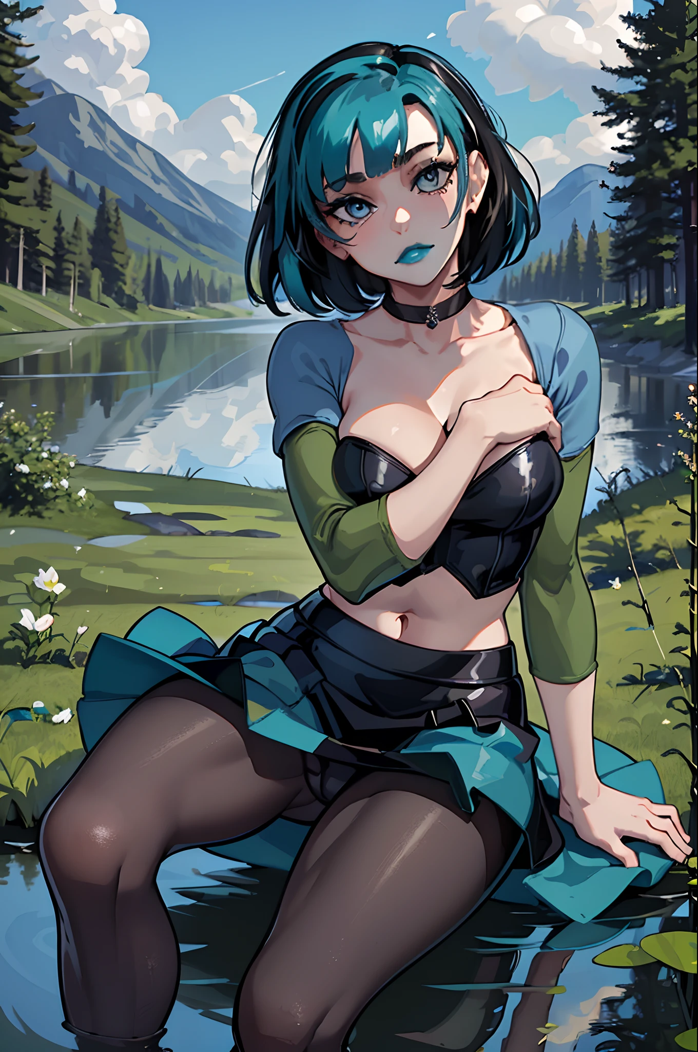 (masterpiece, best quality:1.2), gwen, 1girl, solo, breasts, bangs, skirt, navel, cleavage, jewelry, large breasts, pantyhose, choker, midriff, makeup, black choker, outdoors, dock, lake, reflection, blue sky, sitting, forest,