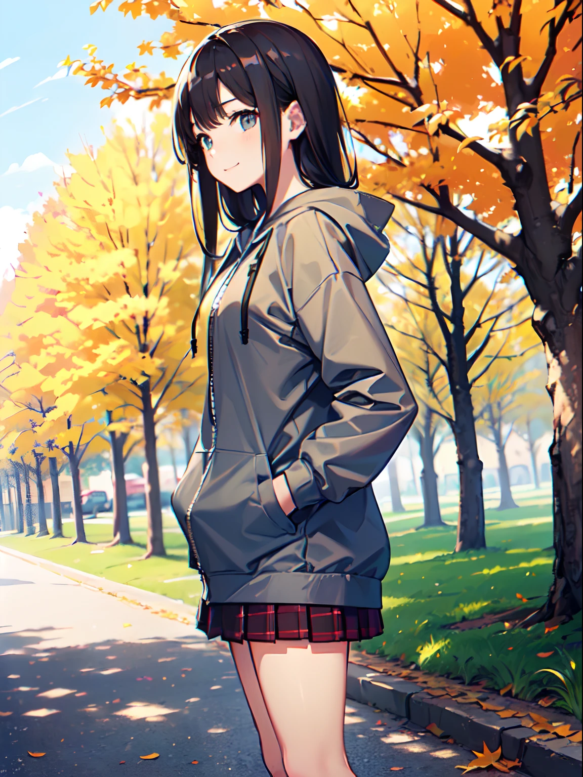 ((1 beautiful young girl)),(Solo、1 persons)、 ((-yeld juschool girl:1.5))、(flat chest)、(Dark-haired girl in grey oversized full-zip hoodie:1.37),(Do not wear hoodie hood:1.3)、Wearing a shirt inside a hoodie、(red plaid pleated skirt), (high socks), (lowfers),(Long straight hair)、Autumn Park、Colored leaves、leaves falling、stroll、A slight smil、(Do not put your hands in your pockets:1.37)