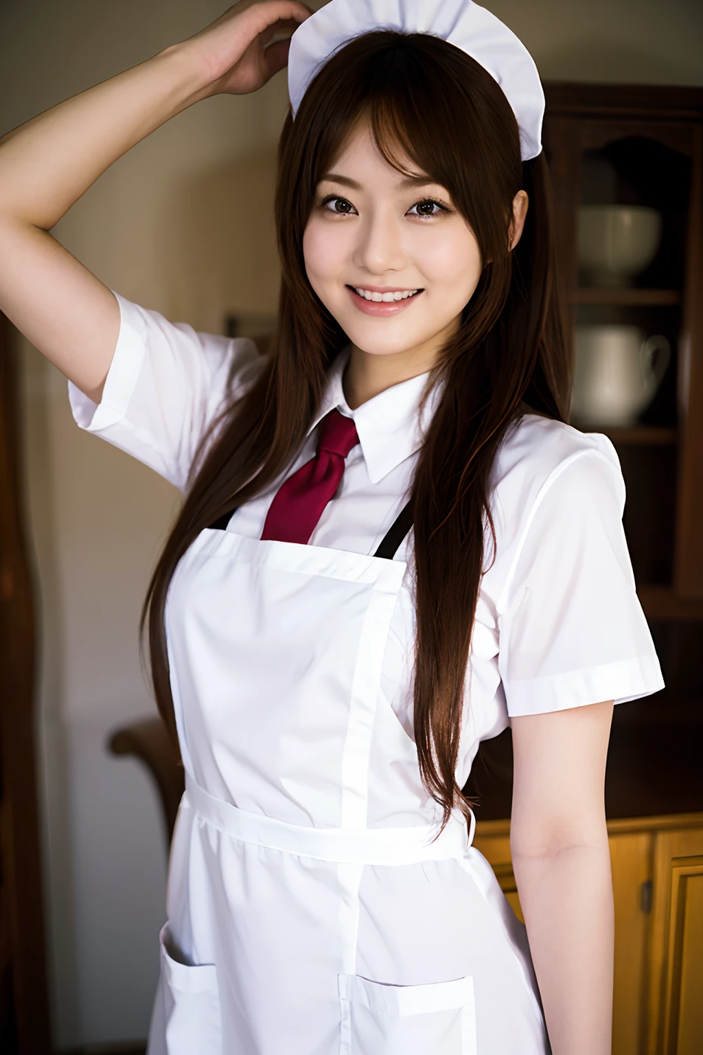 (8k), (best quality), (masterpiece:1.2), (realistic), (photorealistic:1.37), ultra-detailed, a woman in a thin brown colored uniform with white small apron posing for a picture, a picture by Ayami Kojima, Japanese maid cafe, gorgeous maid, wearing maid uniform, a girl in a maid costume, maid, (smile),