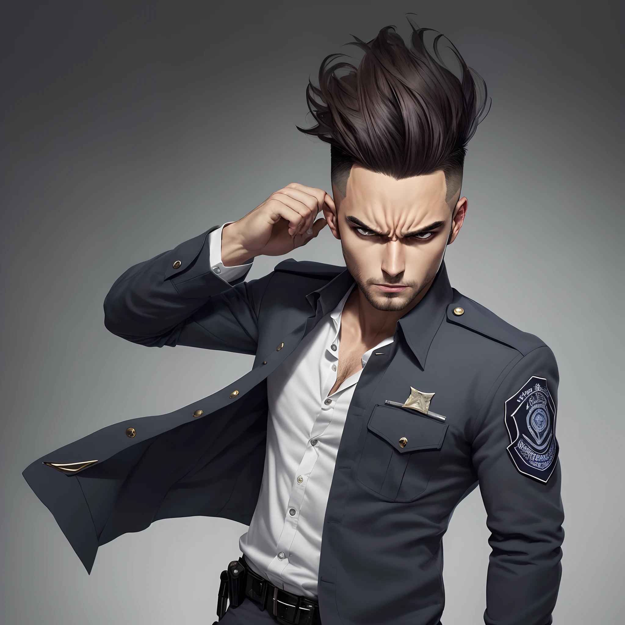 un hombre (cabello pelirrojo estilo wolfcut, ojos grises, delgado, uniforme de policia) esposa a un chico (cabello negro algo desordenado, blue-gray eyes, con ropa juvenil, angry expression) en una comisaria. Arte manhwa.