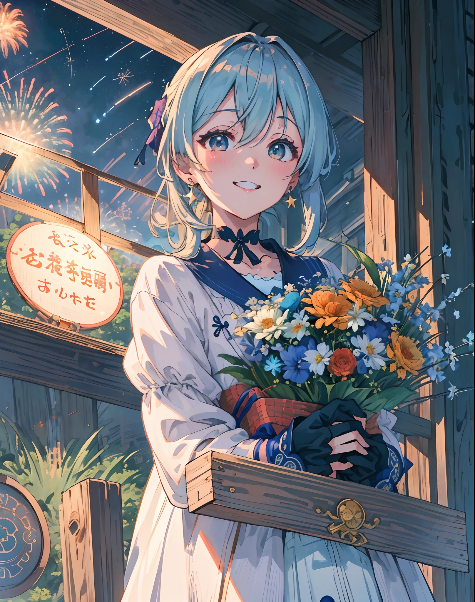 (巨作, Best Quality, highres, A highly detailed, 8k, 4k), Artbook, anime coloring, cg, illustration , fantaisie, collect taxes ,1girl, 独奏, earring, choker, The background is a huge ornate round pattern, smile, Happy looking at the scenes, fireworks, stars, night, outdoors, (dutch angle), Close -up, focus on face, Upper body, Yumeya (genshin impact)