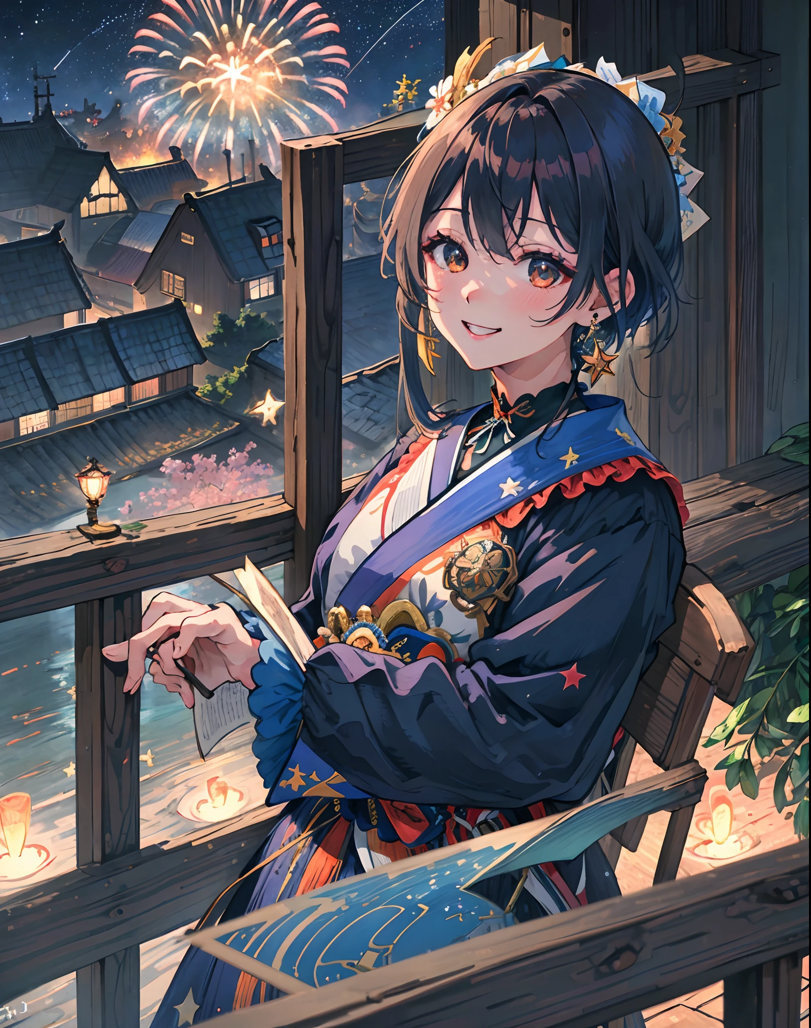 (巨作, Best Quality, highres, A highly detailed, 8k, 4k), Artbook, anime coloring, cg, illustration , fantaisie, collect taxes ,1girl, 独奏, earring, choker, The background is a huge ornate round pattern, smile, Happy looking at the scenes, fireworks, stars, night, outdoors, (dutch angle), Close -up, focus on face, Upper body, Yumeya (genshin impact)