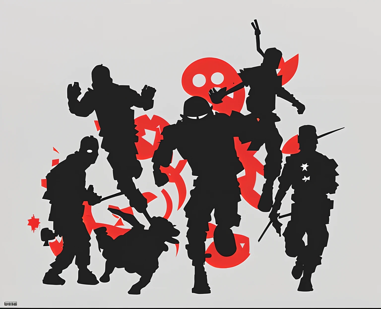 arafed image of a group of people with a dog and a star, football hooligans, abstract mosh pit, trash polka, unique silhouettes, red son, promo art, stencil art, inspired by Edo Murtić, crowded silhouettes, silhouette!!!, siluettes, heroic scene, the best ever, by Thomas Scholes, team rocket