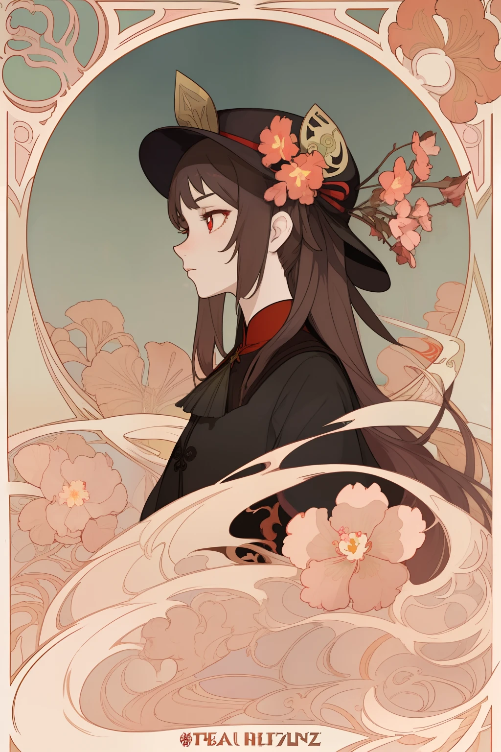 Art Nouveau Style, poster in a theater, (art by wes anderson), 2d, masterpiece, best quality, anime, highly detailed eyes, highly detailed face, highly detailed background, perfect lighting, 1girl, solo, hu tao \(genshin impact\), star-shaped pupils, flower-shaped pupils, hat, red flower, red eyes, cherry blossoms, black outfit, (inspired by mucha), fire, profile, cowboy shot, ghosts, perfect white skin