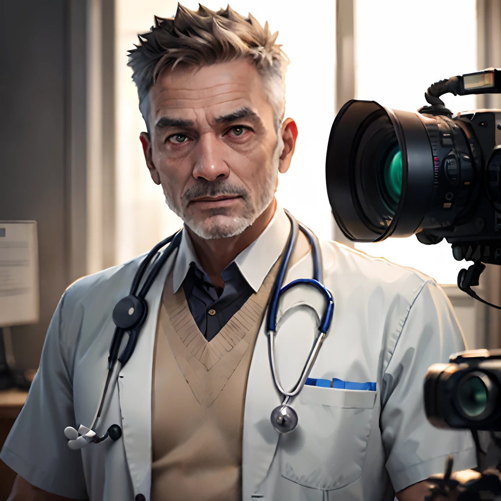 a realistic doctor in front of the camera as if he was passing important information to the population