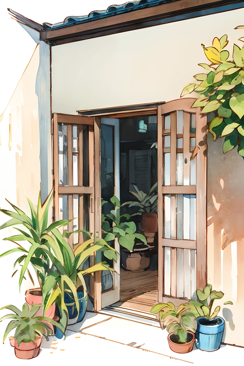No humans, plant, window, potted plant, Duan, door, Scenery, Outdoors, Traditional Media, flower pots, building, PILLOWS, (Illustration:1.0), masutepiece, Best Quality,