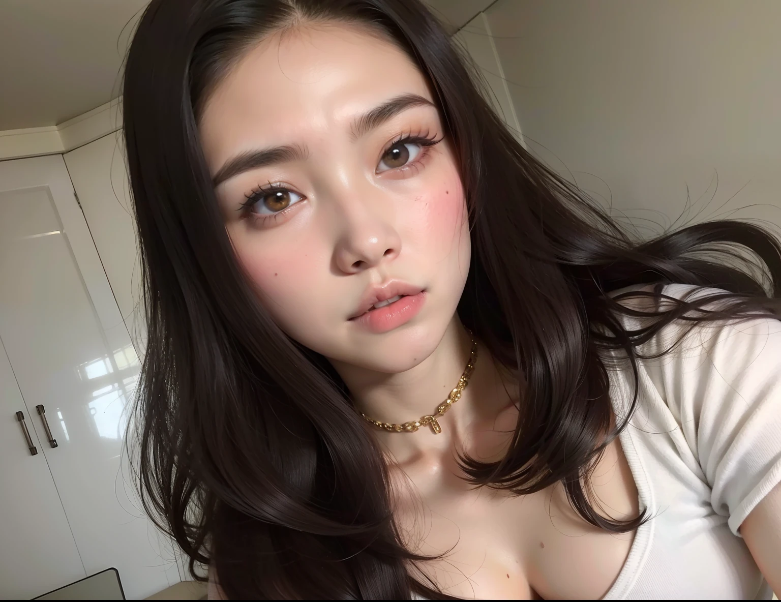 Hay una mujer con el pelo largo y un collar en, beautiful asian girl, south east asian with round face, chica linda-fina-cara, asian beautiful face, Asian girl, Beautiful aesthetic face, Cara sexy con maquillaje completo, Chica coreana, 18 years old, Labios claros y de alta calidad, young cute wan asian face, ulzzang, Cara perfecta )