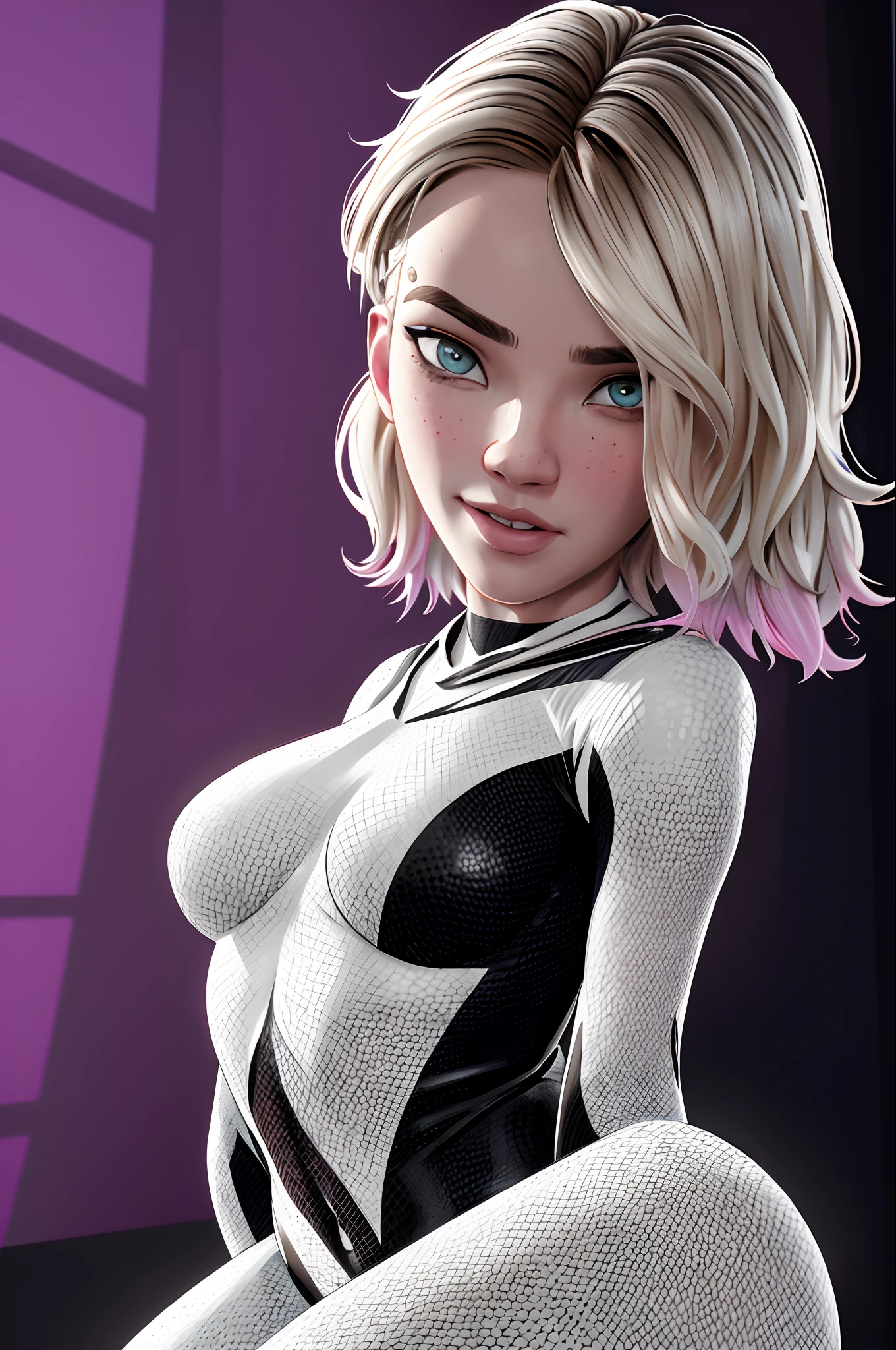 1girl ,solo,gwen stacy,spider web print, spider gwen , body suit , superhero, masterpiece, best quality, highest quality, cinematic lighting, (volumetric lighting), extremely detailed CG unity 8k wallpaper, focused, 8k wallpaper, 4k wallpaper, extremely detailed, ultra realistic, photorealistic, sharp focus, absurdres, (HDR:1.2), (high contrast), photograph, detailed and intricate, instagram, close-up portrait, vibrant, 4K HQ, sharp focus, (Ultra realistic [[photo]], detailed face:1.0), (detailed eyes:1.0), (realistic photo:1.1), (masterpiece:1.0), detailed background