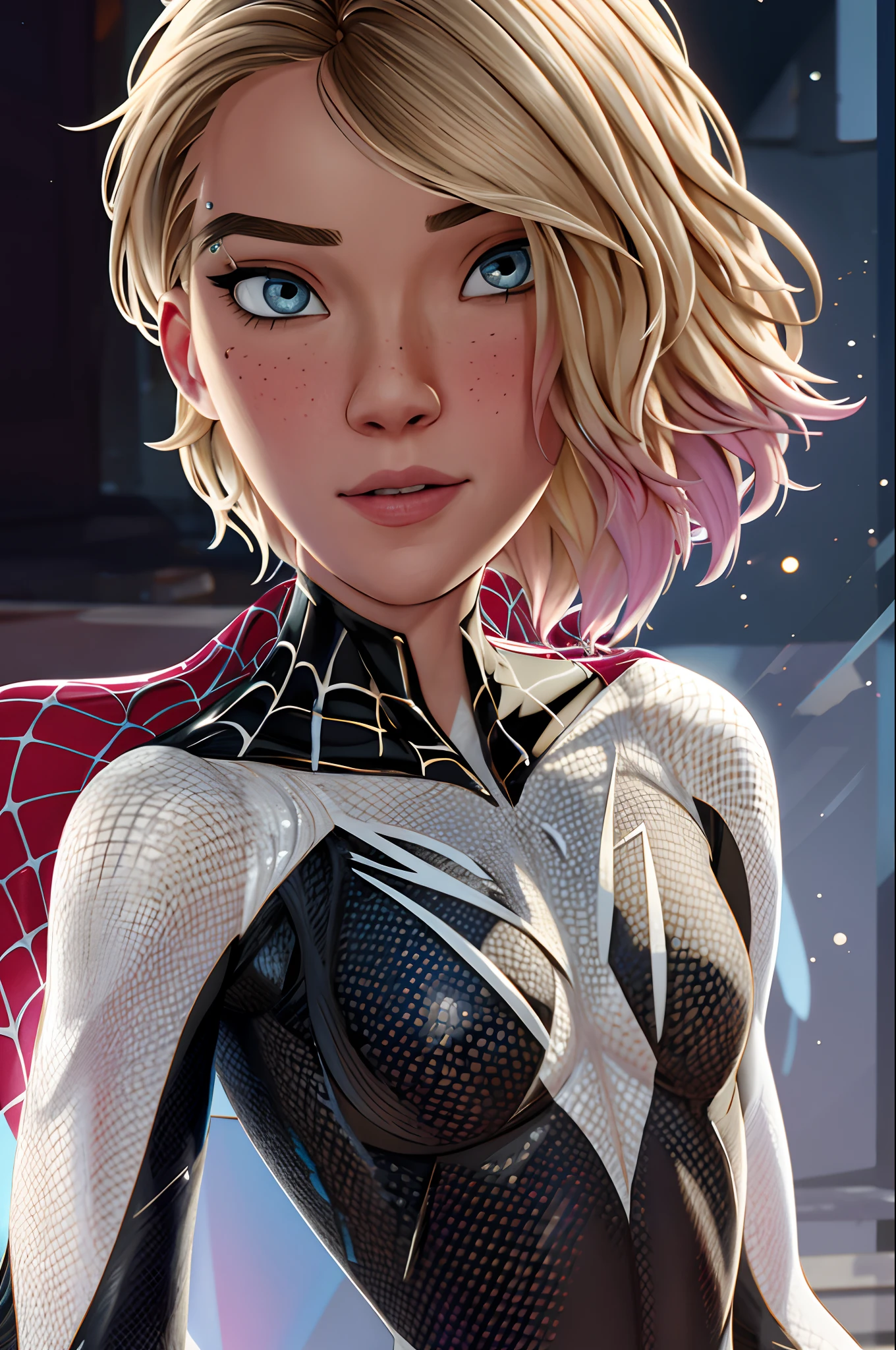 1girl ,solo,gwen stacy,spider web print, spider gwen , body suit , superhero, masterpiece, best quality, highest quality, cinematic lighting, (volumetric lighting), extremely detailed CG unity 8k wallpaper, focused, 8k wallpaper, 4k wallpaper, extremely detailed, ultra realistic, photorealistic, sharp focus, absurdres, (HDR:1.2), (high contrast), photograph, detailed and intricate, instagram, close-up portrait, vibrant, 4K HQ, sharp focus, (Ultra realistic [[photo]], detailed face:1.0), (detailed eyes:1.0), (realistic photo:1.1), (masterpiece:1.0), detailed background