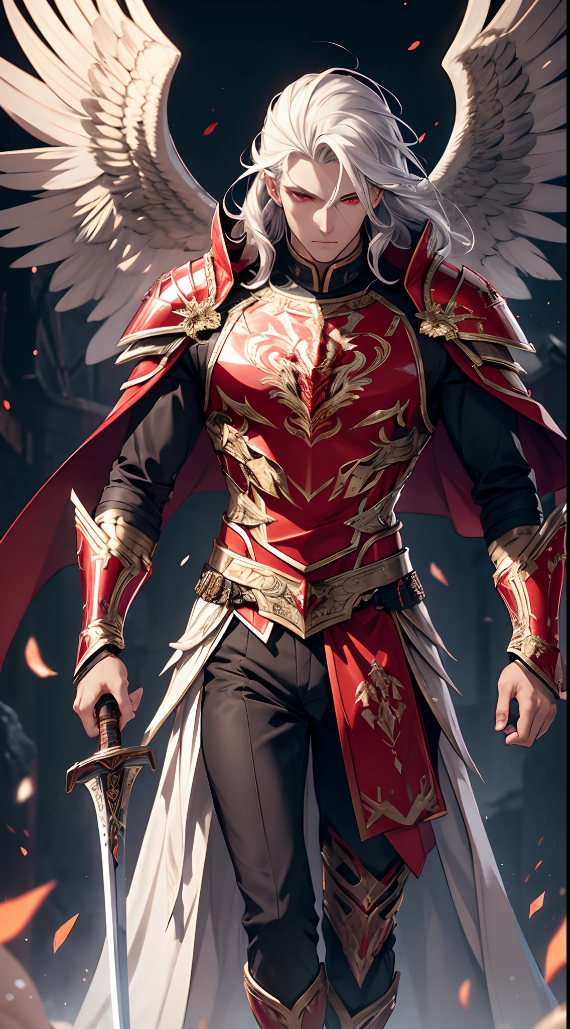 A man, silver hair, Red eyes, gold Eagle knight, fine armor, big sword, intricate design, red details, silk, cinematic lighting, 4k, floating hair, sharp, prism, shining knight