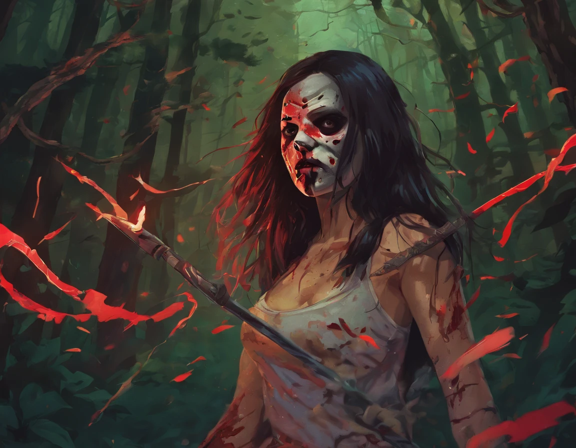 A girl wearing a hockey mask with a machete, piercing blue eyes, bloodied lips, and a sinister smile, surrounded by a dark and eerie forest. She is dressed in a tattered and dirty white dress, with long, tangled black hair covering half of her face. The scene is set during a stormy night, with thunder and lightning illuminating the scene. The girl stands in a haunting pose, holding the machete in one hand and raising it high in the air. The atmosphere is filled with suspense and fear, as if she is about to strike her next victim.
The artwork should be created in a hyper-realistic style, using high-resolution techniques to capture every detail of the girl's face, dress, and the surrounding forest. The colors should be desaturated, with a cold and gloomy tone, enhancing the horror theme. Studio lighting should be used to add depth and highlight the details of the girl's face and the forest. The overall image quality should be of the highest standard, producing a 4K or 8K masterpiece that showcases extreme detail and realism.
In summary, the prompt should include the following tags:
- female Jason Voorhees
- hockey mask
- machete
- piercing blue eyes
- bloodied lips
- sinister smile
- dark and eerie forest
- tattered and dirty white dress
- long tangled black hair
- stormy night
- thunder and lightning
- haunting pose
- suspense
- fear
- hyper-realistic style
- high-resolution techniques
- desaturated colors
- cold and gloomy tone
- studio lighting
- 4K or 8K quality
- extreme detail and realism
Remember to arrange the tags in order of importance and separate them with commas.