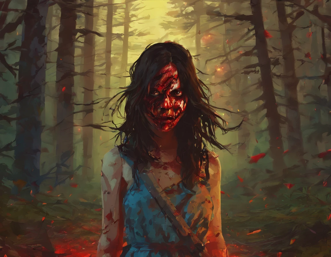 A girl wearing a hockey mask with a machete, piercing blue eyes, bloodied lips, and a sinister smile, surrounded by a dark and eerie forest. She is dressed in a tattered and dirty white dress, with long, tangled black hair covering half of her face. The scene is set during a stormy night, with thunder and lightning illuminating the scene. The girl stands in a haunting pose, holding the machete in one hand and raising it high in the air. The atmosphere is filled with suspense and fear, as if she is about to strike her next victim.

The artwork should be created in a hyper-realistic style, using high-resolution techniques to capture every detail of the girl's face, dress, and the surrounding forest. The colors should be desaturated, with a cold and gloomy tone, enhancing the horror theme. Studio lighting should be used to add depth and highlight the details of the girl's face and the forest. The overall image quality should be of the highest standard, producing a 4K or 8K masterpiece that showcases extreme detail and realism.

In summary, the prompt should include the following tags: 
- female Jason Voorhees
- hockey mask
- machete
- piercing blue eyes
- bloodied lips
- sinister smile
- dark and eerie forest
- tattered and dirty white dress
- long tangled black hair
- stormy night
- thunder and lightning
- haunting pose
- suspense
- fear
- hyper-realistic style
- high-resolution techniques
- desaturated colors
- cold and gloomy tone
- studio lighting
- 4K or 8K quality
- extreme detail and realism

Remember to arrange the tags in order of importance and separate them with commas.