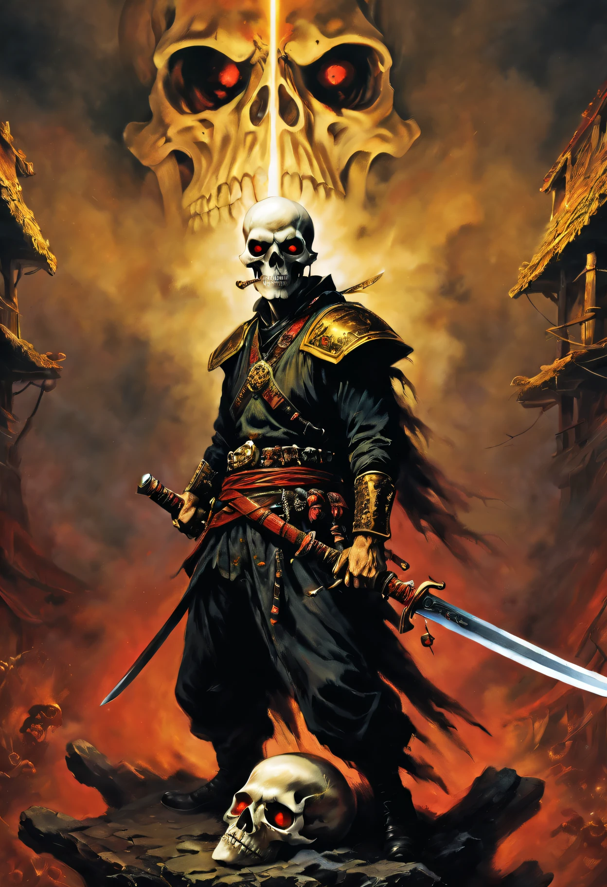 (best quality,32K,ultra high definition,photorealistic:1.2),sinister swordsman,skull face,luminous red and yellow eyes,ghostly background,highly detailed and realistic,visually striking horror masterpiece,evoking terror.