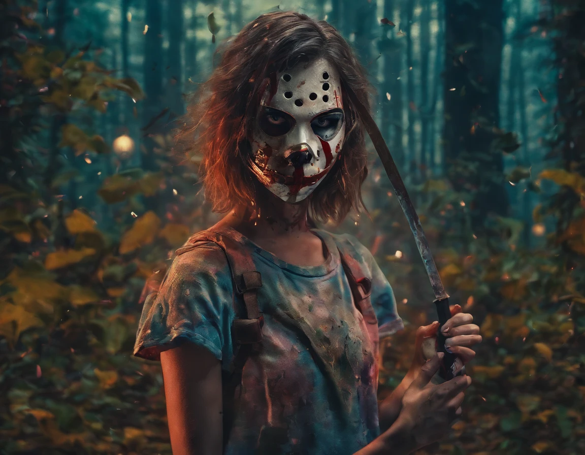 A girl wearing a hockey mask with a machete, piercing blue eyes, bloodied lips, and a sinister smile, surrounded by a dark and eerie forest. She is dressed in a tattered and dirty white dress, with long, tangled black hair covering half of her face. The scene is set during a stormy night, with thunder and lightning illuminating the scene. The girl stands in a haunting pose, holding the machete in one hand and raising it high in the air. The atmosphere is filled with suspense and fear, as if she is about to strike her next victim.
The artwork should be created in a hyper-realistic style, using high-resolution techniques to capture every detail of the girl's face, dress, and the surrounding forest. The colors should be desaturated, with a cold and gloomy tone, enhancing the horror theme. Studio lighting should be used to add depth and highlight the details of the girl's face and the forest. The overall image quality should be of the highest standard, producing a 4K or 8K masterpiece that showcases extreme detail and realism.
In summary, the prompt should include the following tags:
- female Jason Voorhees
- hockey mask
- machete
- piercing blue eyes
- bloodied lips
- sinister smile
- dark and eerie forest
- tattered and dirty white dress
- long tangled black hair
- stormy night
- thunder and lightning
- haunting pose
- suspense
- fear
- hyper-realistic style
- high-resolution techniques
- desaturated colors
- cold and gloomy tone
- studio lighting
- 4K or 8K quality
- extreme detail and realism
Remember to arrange the tags in order of importance and separate them with commas.