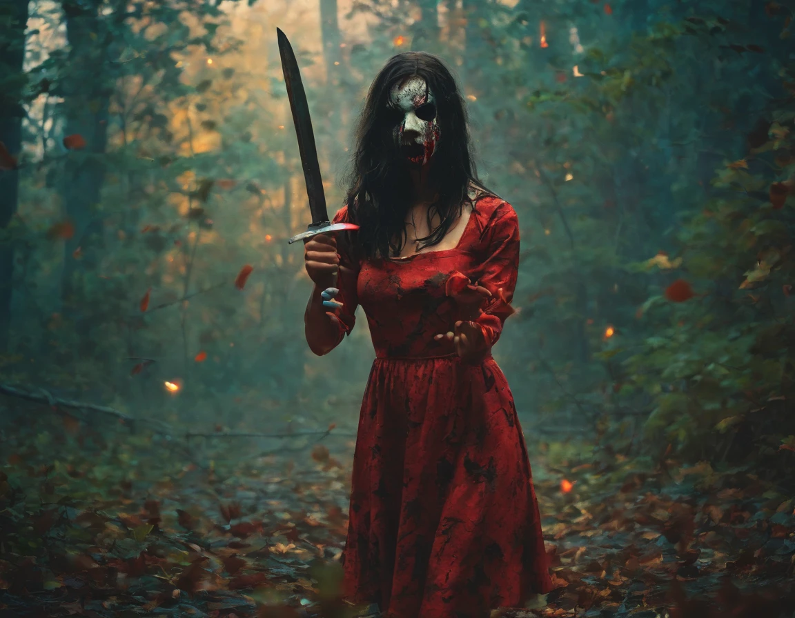 A girl wearing a hockey mask with a machete, piercing blue eyes, bloodied lips, and a sinister smile, surrounded by a dark and eerie forest. She is dressed in a tattered and dirty white dress, with long, tangled black hair covering half of her face. The scene is set during a stormy night, with thunder and lightning illuminating the scene. The girl stands in a haunting pose, holding the machete in one hand and raising it high in the air. The atmosphere is filled with suspense and fear, as if she is about to strike her next victim.
The artwork should be created in a hyper-realistic style, using high-resolution techniques to capture every detail of the girl's face, dress, and the surrounding forest. The colors should be desaturated, with a cold and gloomy tone, enhancing the horror theme. Studio lighting should be used to add depth and highlight the details of the girl's face and the forest. The overall image quality should be of the highest standard, producing a 4K or 8K masterpiece that showcases extreme detail and realism.
In summary, the prompt should include the following tags:
- female Jason Voorhees
- hockey mask
- machete
- piercing blue eyes
- bloodied lips
- sinister smile
- dark and eerie forest
- tattered and dirty white dress
- long tangled black hair
- stormy night
- thunder and lightning
- haunting pose
- suspense
- fear
- hyper-realistic style
- high-resolution techniques
- desaturated colors
- cold and gloomy tone
- studio lighting
- 4K or 8K quality
- extreme detail and realism
Remember to arrange the tags in order of importance and separate them with commas.