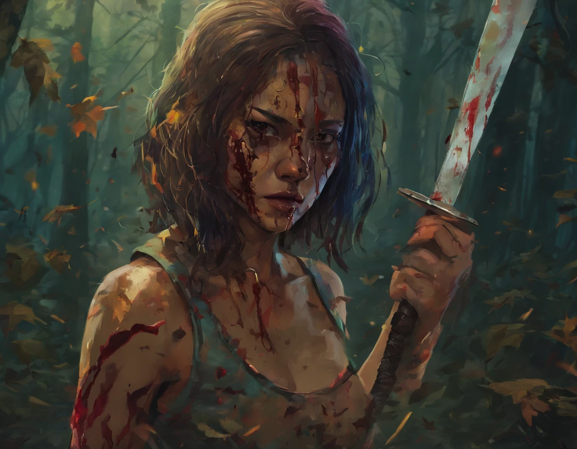 A girl wearing a hockey mask with a machete, piercing blue eyes, bloodied lips, and a sinister smile, surrounded by a dark and eerie forest. She is dressed in a tattered and dirty white dress, with long, tangled black hair covering half of her face. The scene is set during a stormy night, with thunder and lightning illuminating the scene. The girl stands in a haunting pose, holding the machete in one hand and raising it high in the air. The atmosphere is filled with suspense and fear, as if she is about to strike her next victim.
The artwork should be created in a hyper-realistic style, using high-resolution techniques to capture every detail of the girl's face, dress, and the surrounding forest. The colors should be desaturated, with a cold and gloomy tone, enhancing the horror theme. Studio lighting should be used to add depth and highlight the details of the girl's face and the forest. The overall image quality should be of the highest standard, producing a 4K or 8K masterpiece that showcases extreme detail and realism.
In summary, the prompt should include the following tags:
- female Jason Voorhees
- hockey mask
- machete
- piercing blue eyes
- bloodied lips
- sinister smile
- dark and eerie forest
- tattered and dirty white dress
- long tangled black hair
- stormy night
- thunder and lightning
- haunting pose
- suspense
- fear
- hyper-realistic style
- high-resolution techniques
- desaturated colors
- cold and gloomy tone
- studio lighting
- 4K or 8K quality
- extreme detail and realism
Remember to arrange the tags in order of importance and separate them with commas.